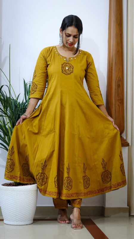 Mustard Yellow Pure Cotton Anarkali Set with Palazzo (2-Piece, Mirror Work, 8-Panel Design)