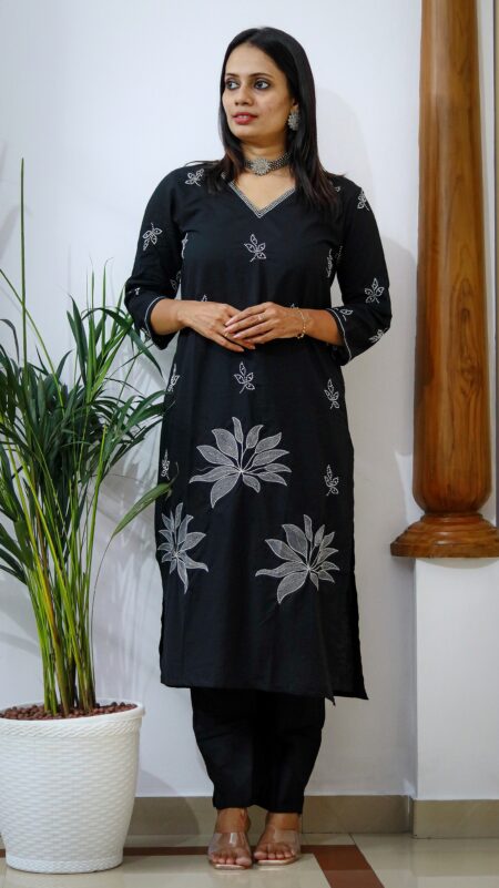 Black Cotton Kurti with Threadwork and Pant Set