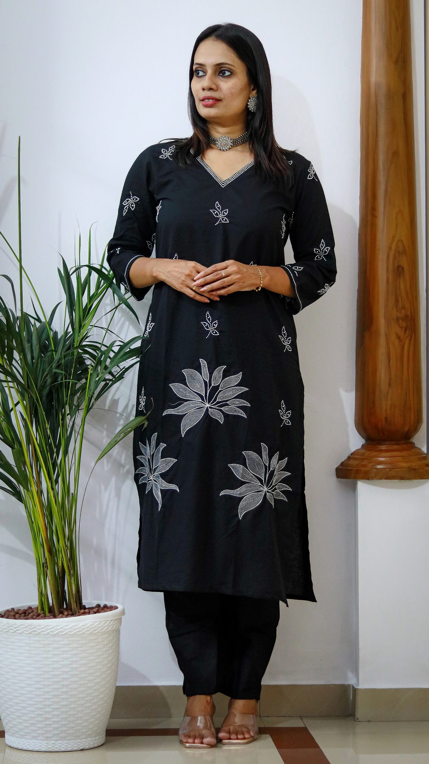 Black Cotton Kurti with Threadwork and Pant Set