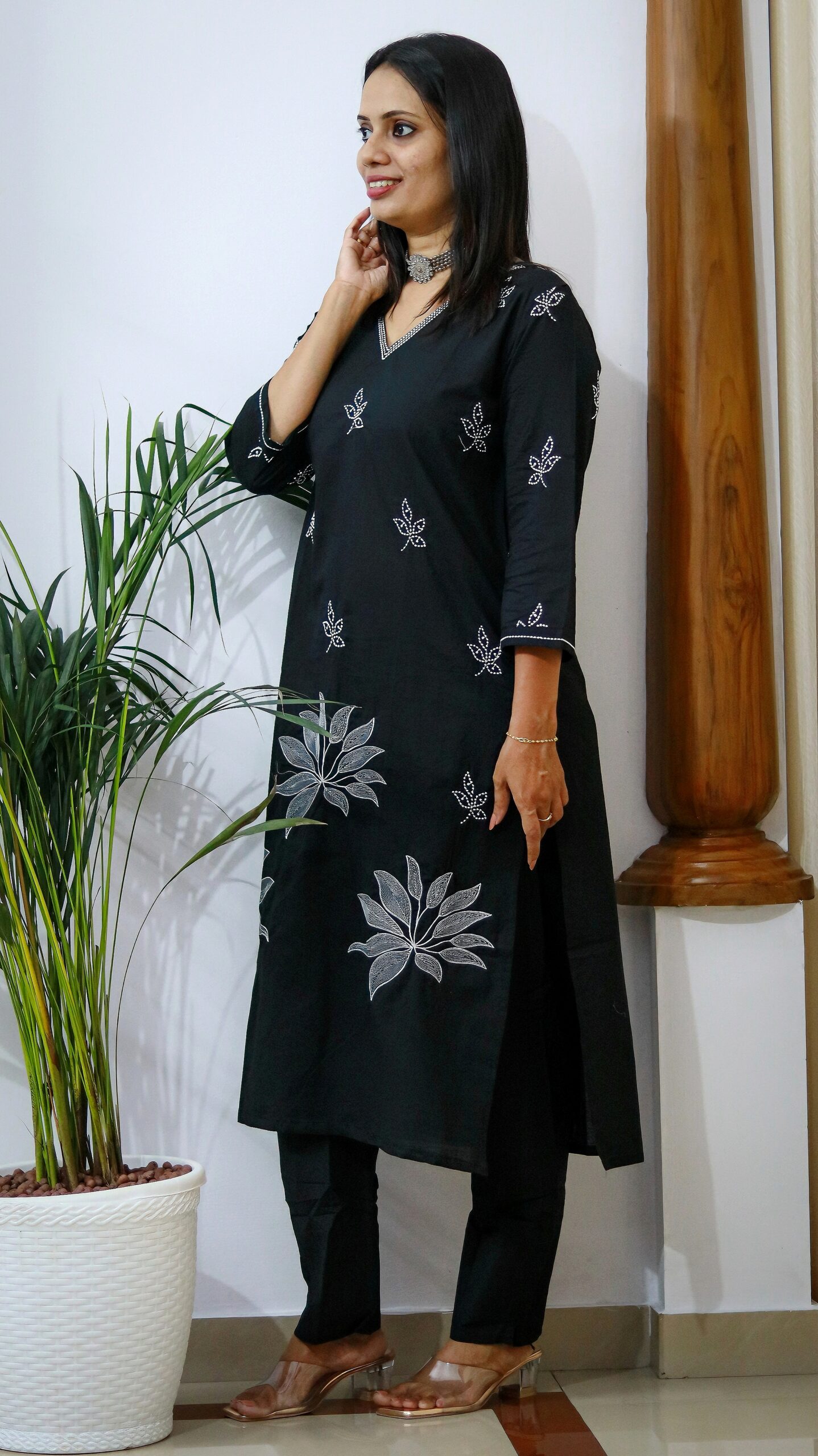 Black Cotton Kurti with Threadwork and Pant Set - Image 2