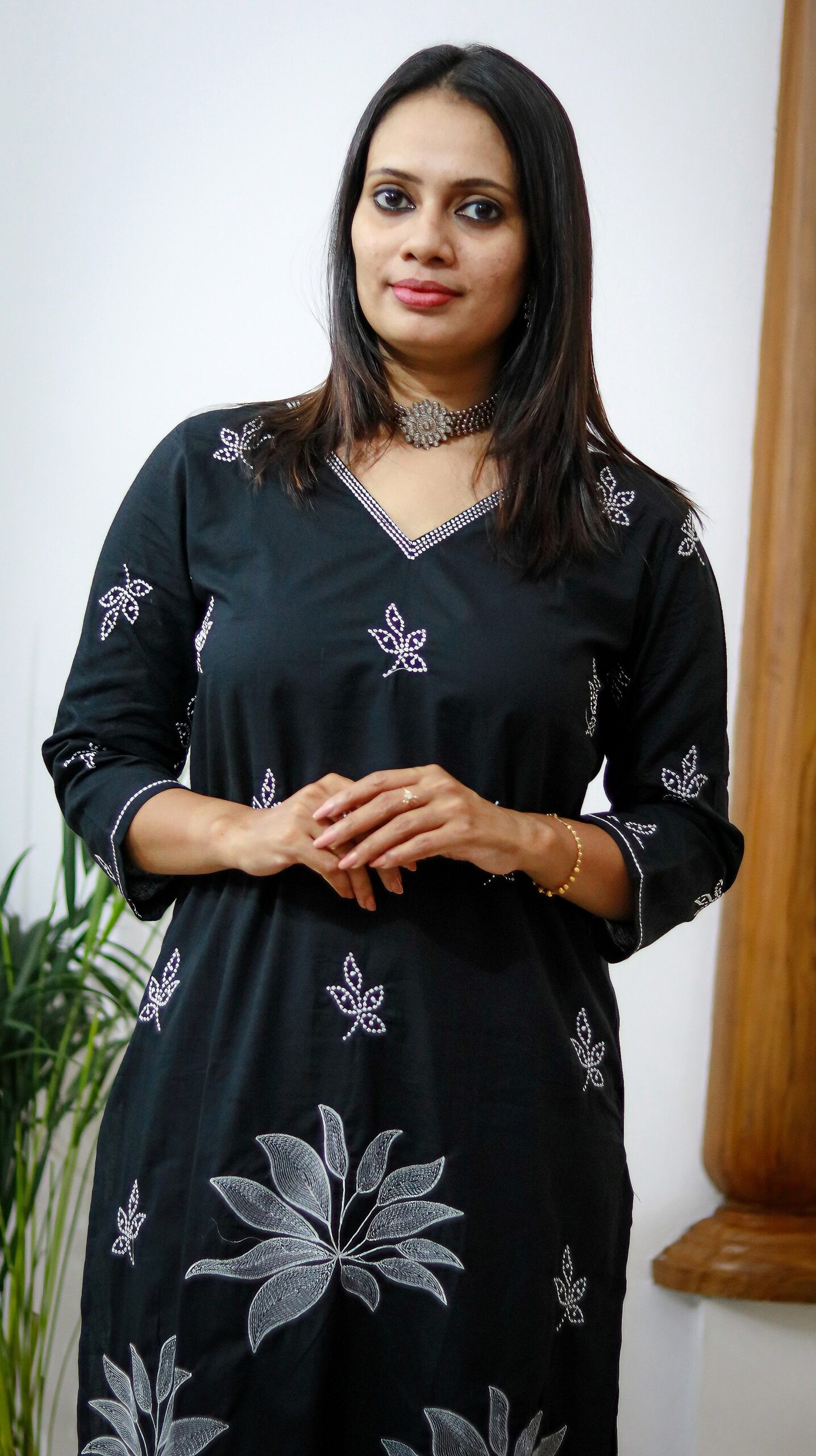 Black Cotton Kurti with Threadwork and Pant Set - Image 3