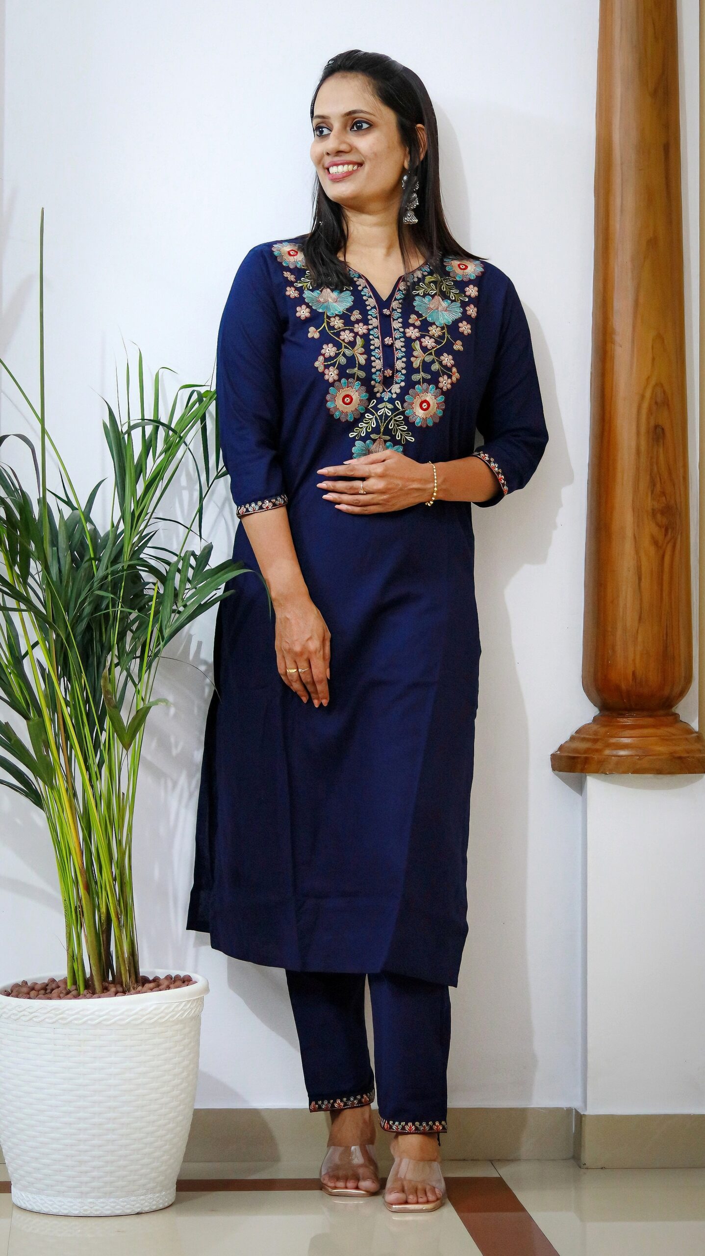 Navy Blue Bombay Flex Cotton Embroidered Kurta Set with Pants