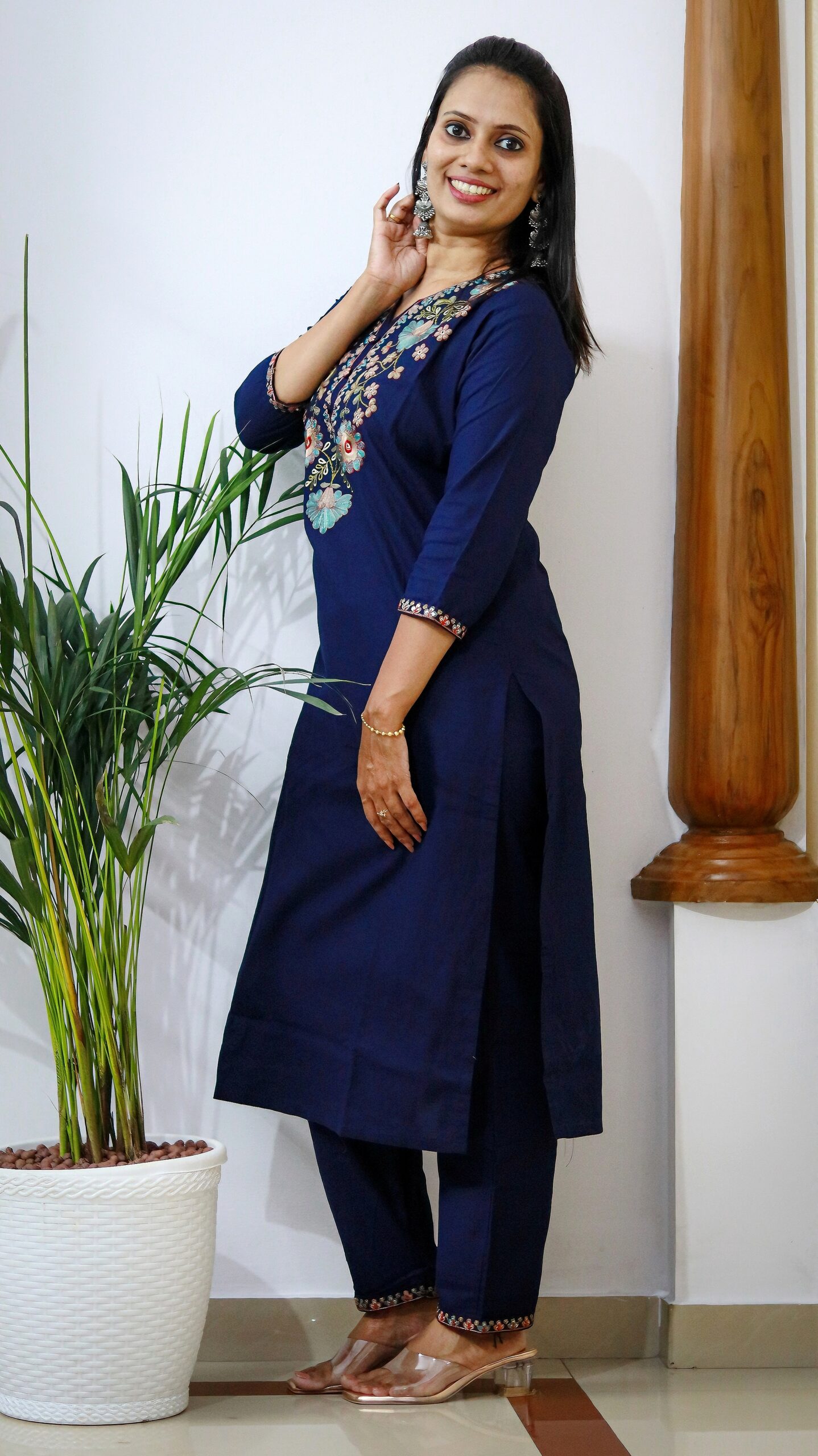 Navy Blue Bombay Flex Cotton Embroidered Kurta Set with Pants - Image 3