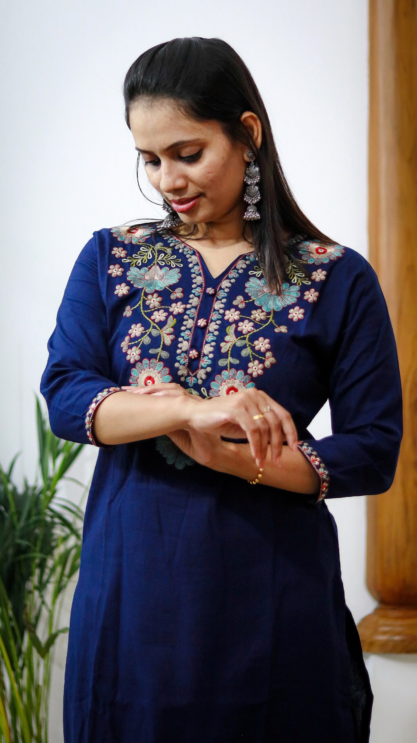 Navy Blue Bombay Flex Cotton Embroidered Kurta Set with Pants - Image 2