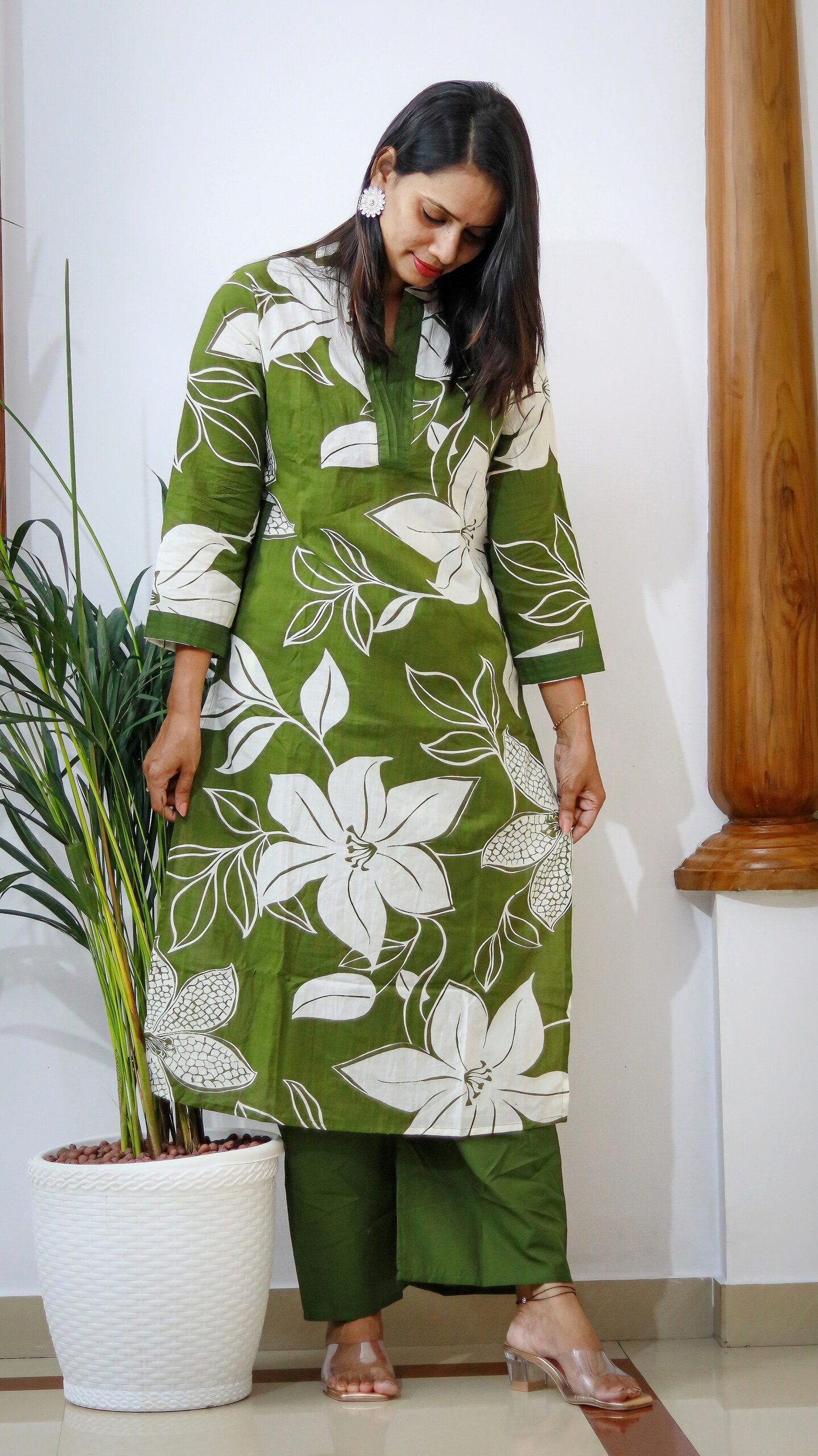 Elegant Green Floral Cotton Coord Set - Image 2