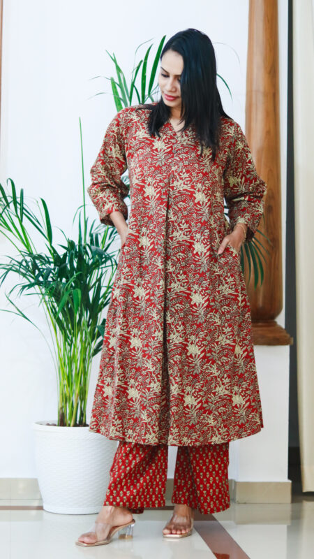 Rust Red Pure Cotton A-Line Kurta Set with Pants (Handblock-Style Print)