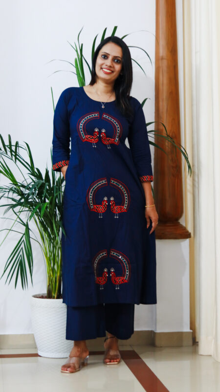 Midnight Peacock Thread-Work Cotton Kurti & Pant Set