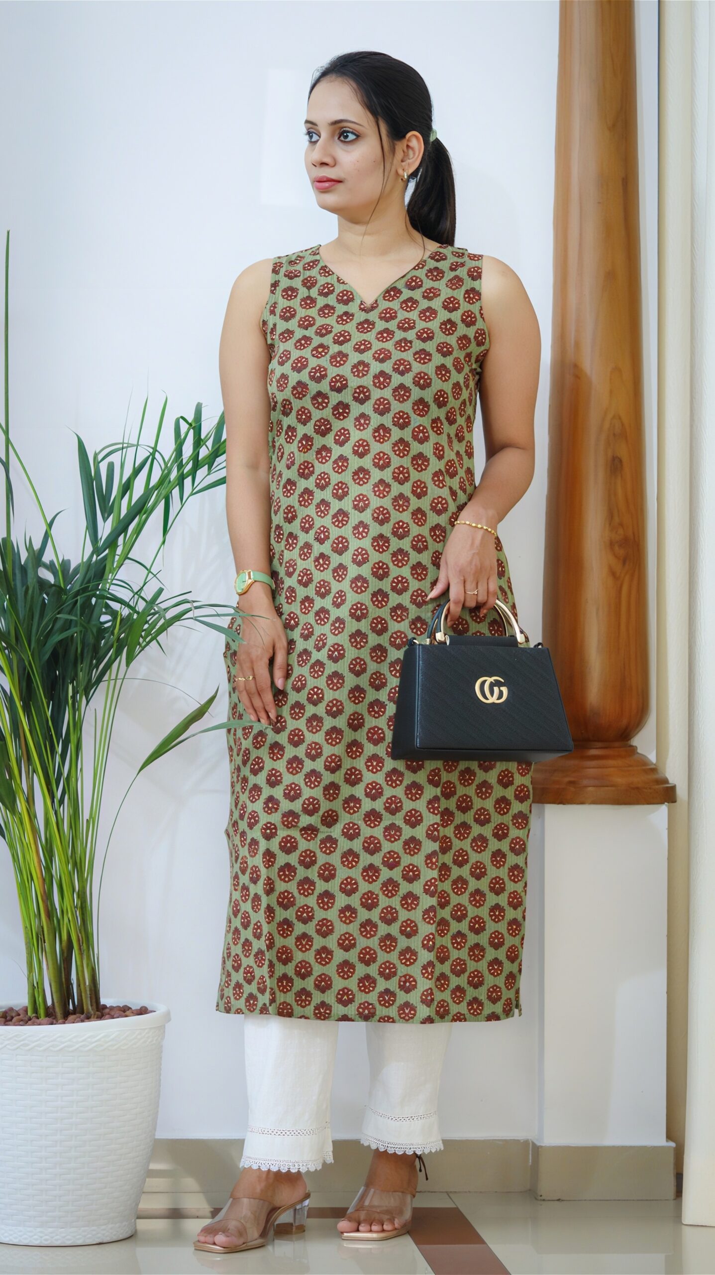 Olive Floral Paan Neck Cotton Kurti with Sleeves - Image 2