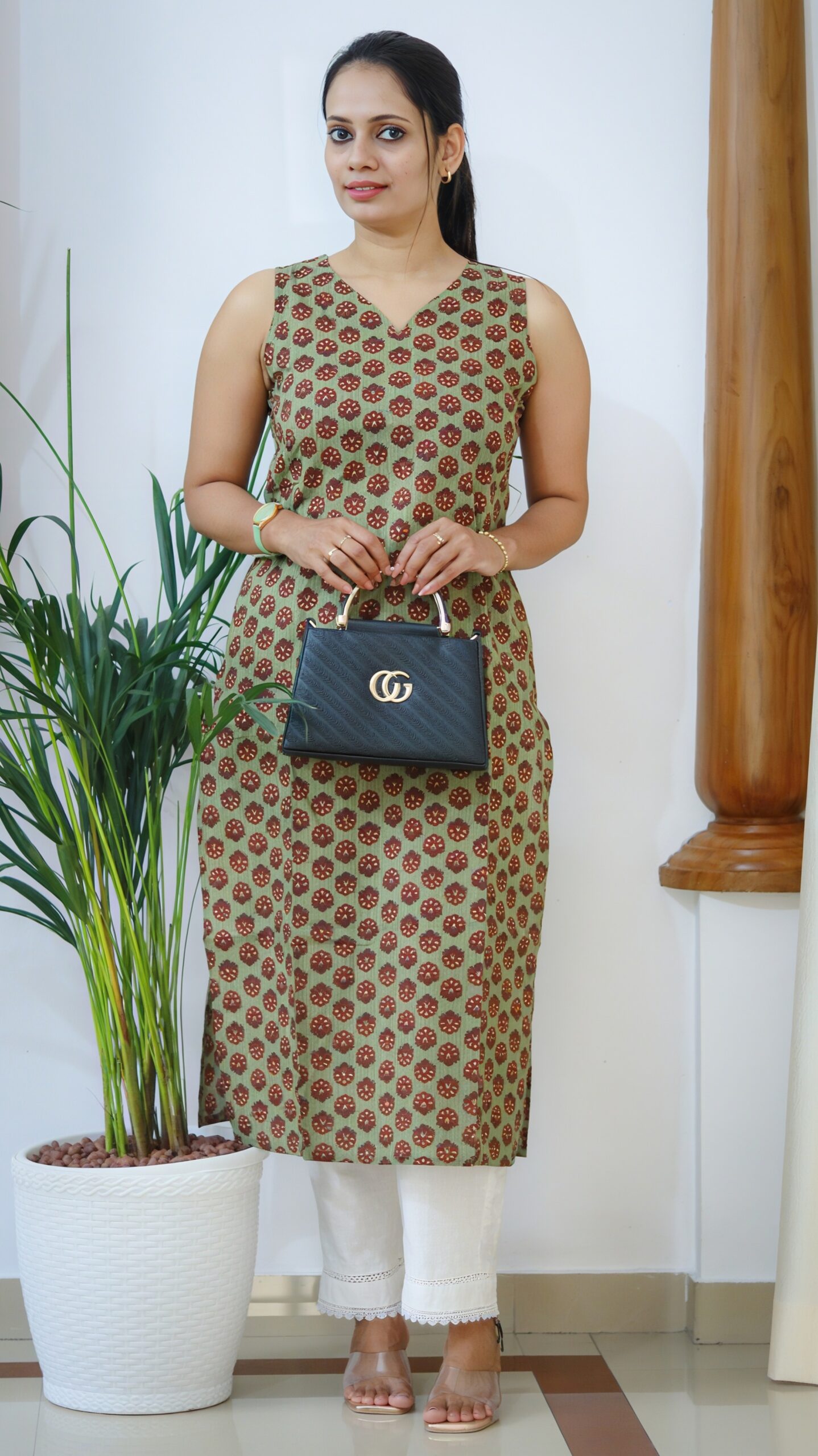 Olive Floral Paan Neck Cotton Kurti with Sleeves