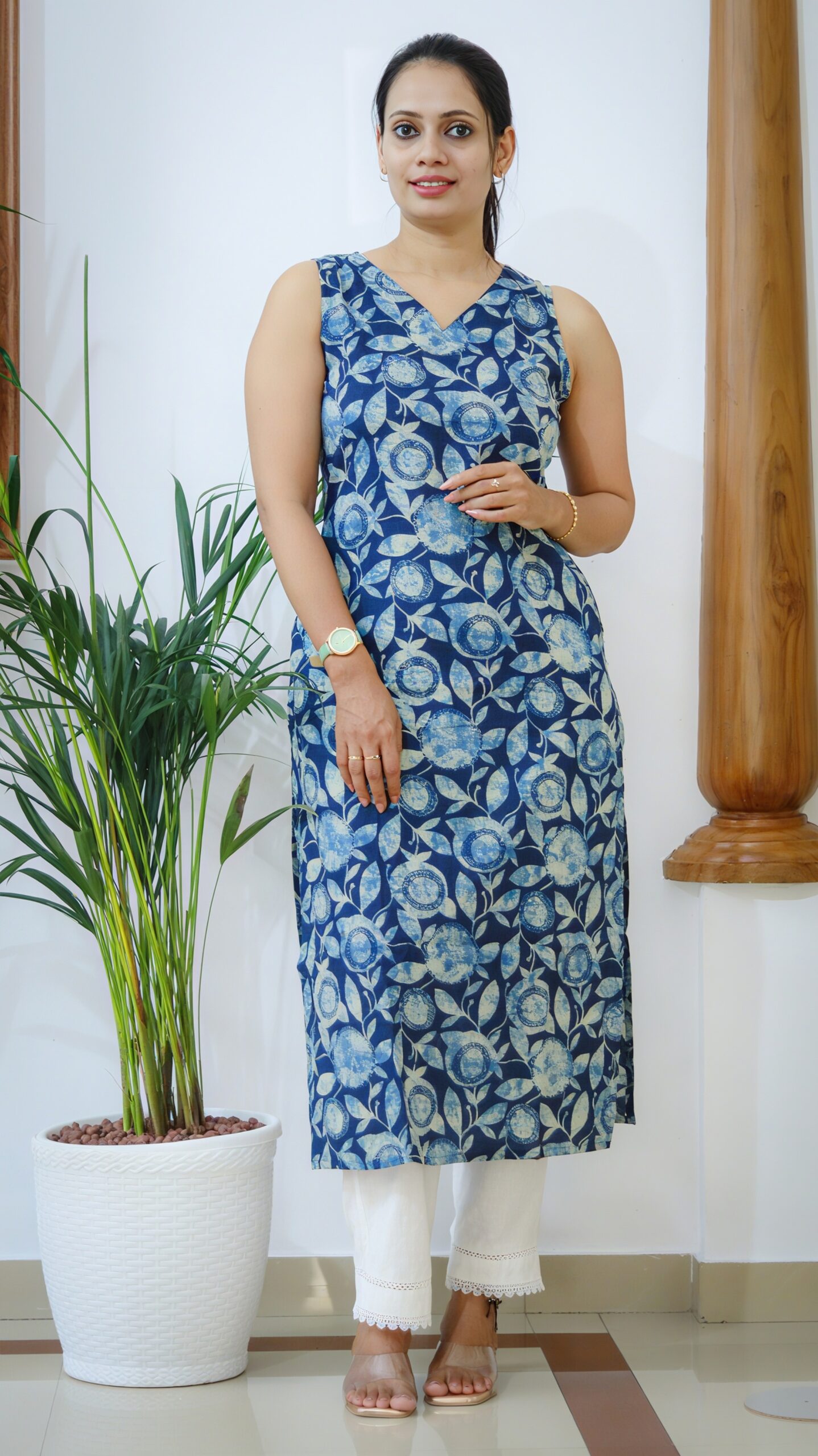 Blue Floral Paan Neck Cotton Kurti with Sleeves