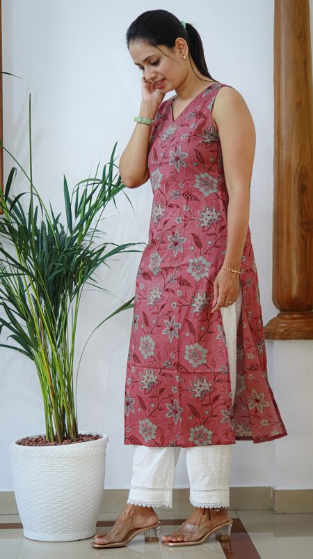 Pink Floral Paan Neck Cotton Kurti with Sleeves