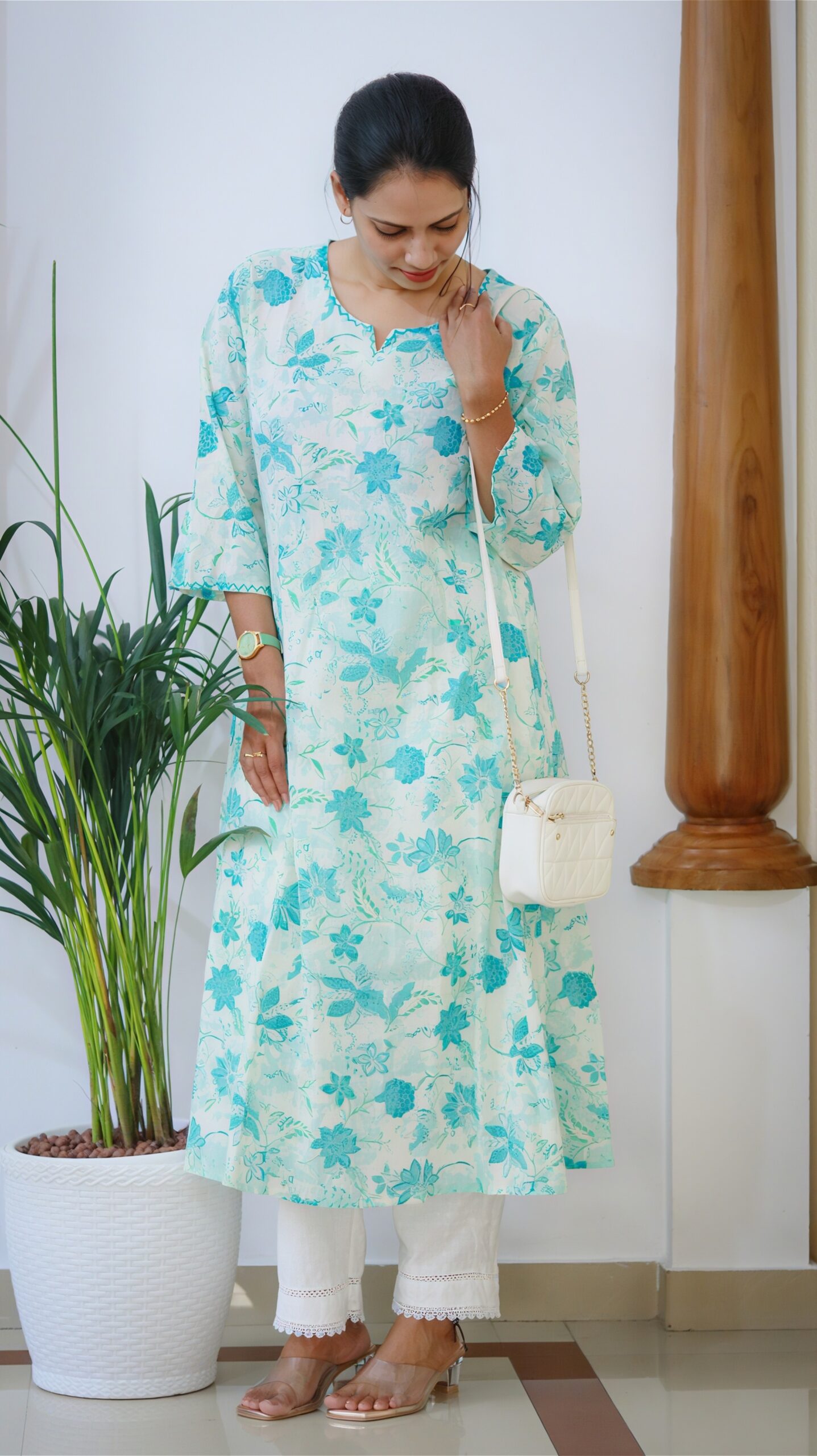 Blue Floral Cotton A-Line Kurti - Image 2