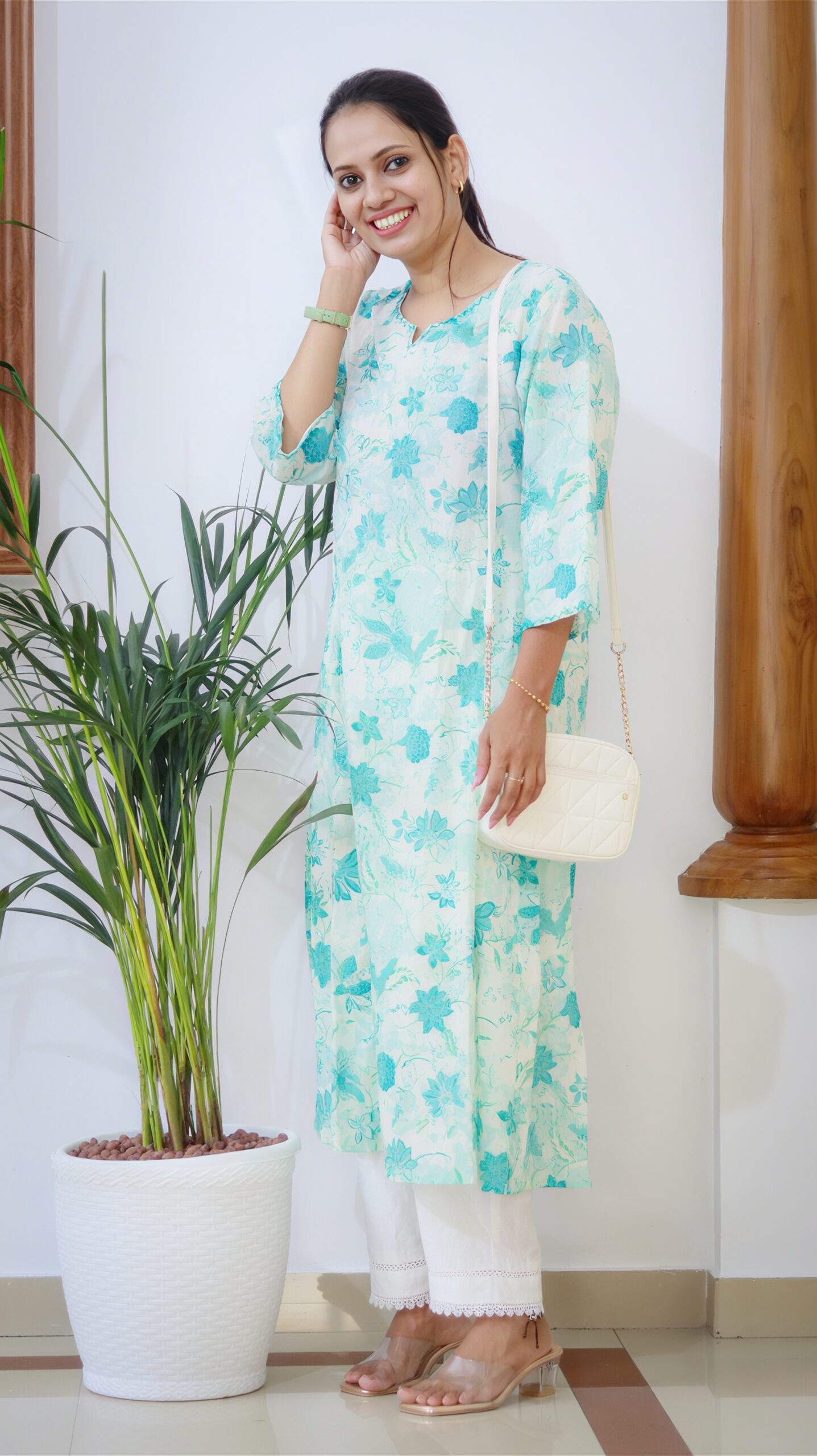 Blue Floral Cotton A-Line Kurti