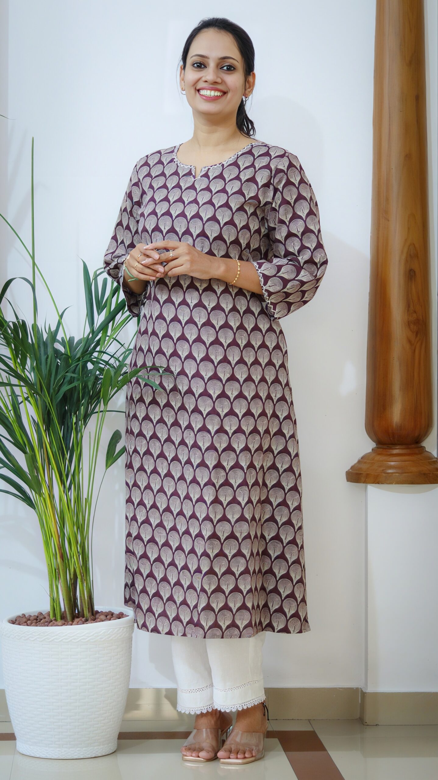 Maroon Geometric Cotton A-Line Kurti - Image 4