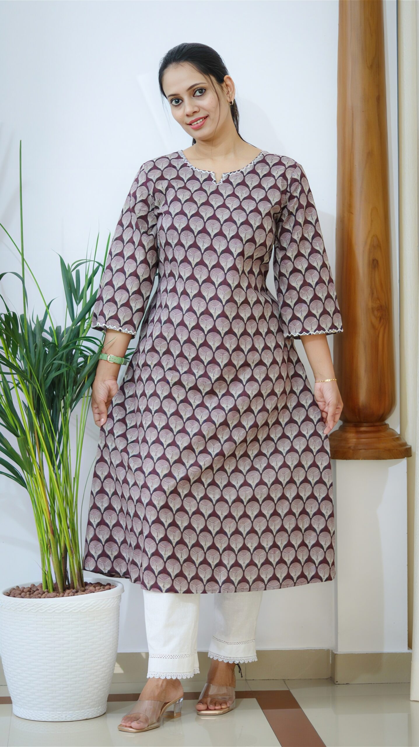 Maroon Geometric Cotton A-Line Kurti