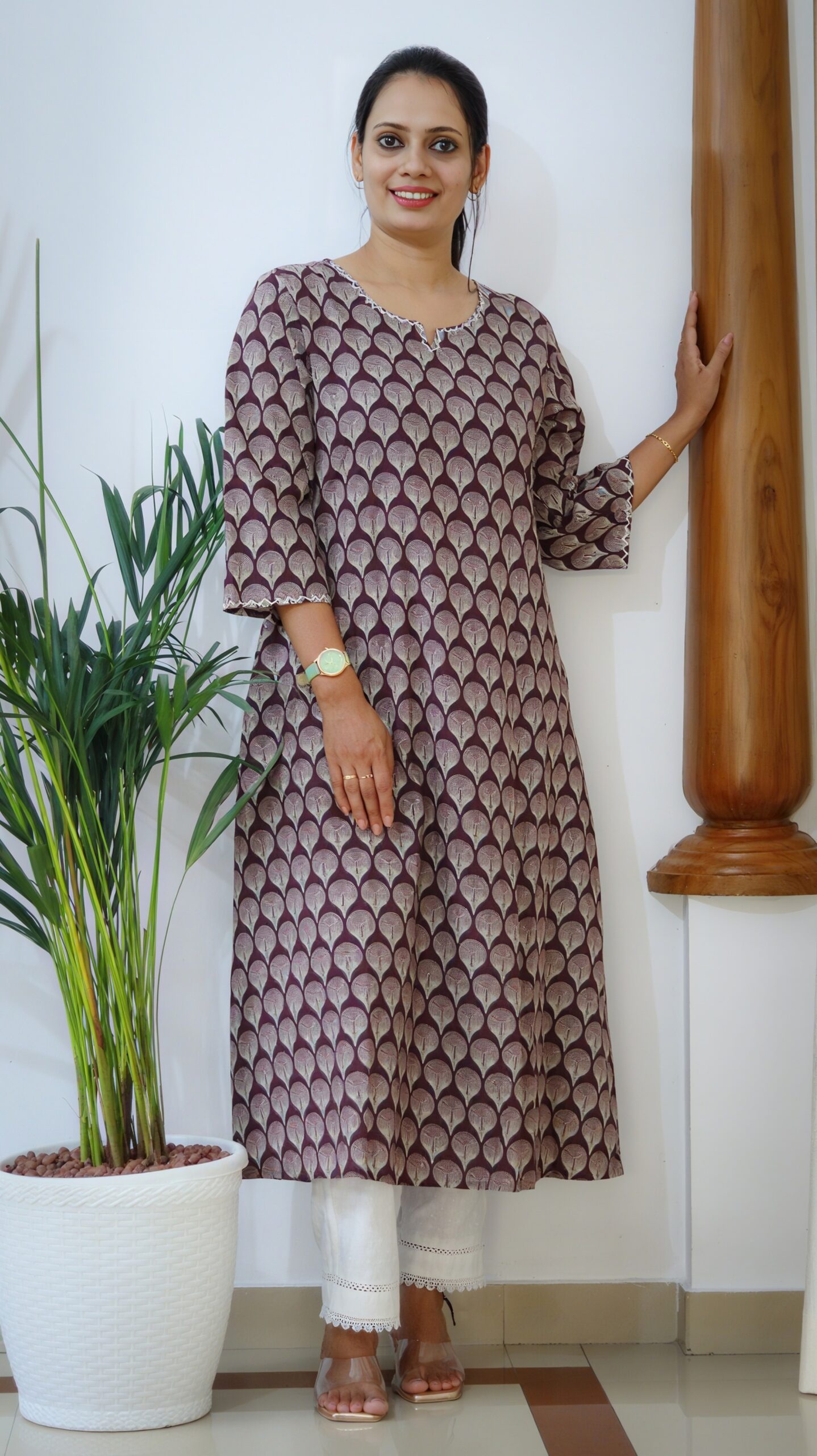Maroon Geometric Cotton A-Line Kurti - Image 3