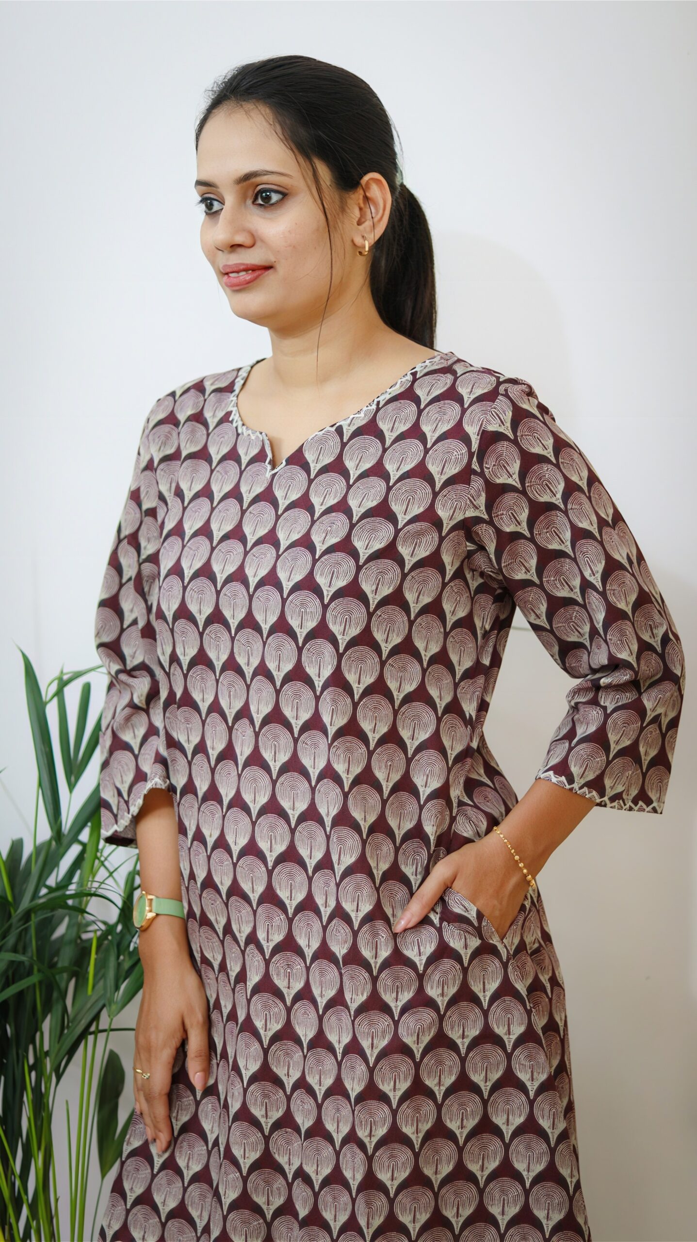Maroon Geometric Cotton A-Line Kurti - Image 2