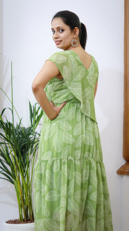 Light Green Georgette Leaf Print Off-Shoulder Maxi Dress