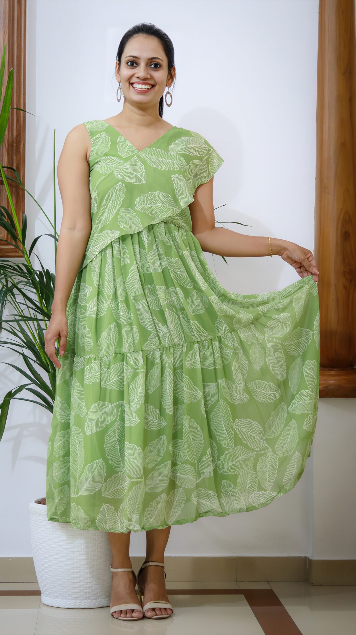 Light Green Georgette Leaf Print Off-Shoulder Maxi Dress - Image 6