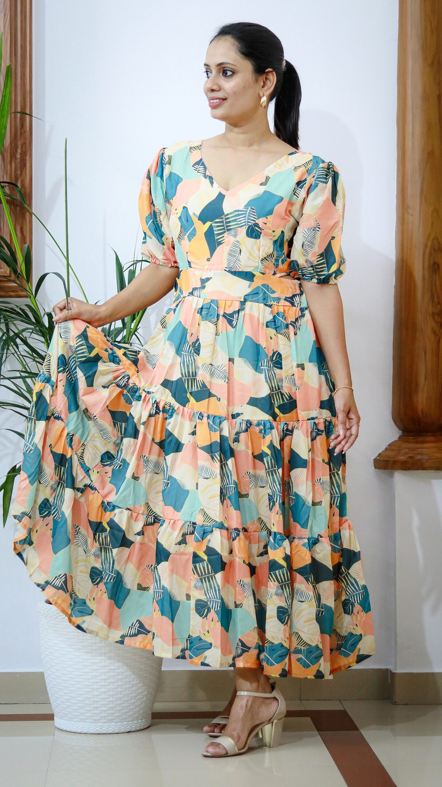 Multicolor Abstract Print Cotton Tiered Dress - Image 3