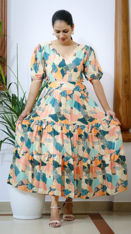 Multicolor Abstract Print Cotton Tiered Dress