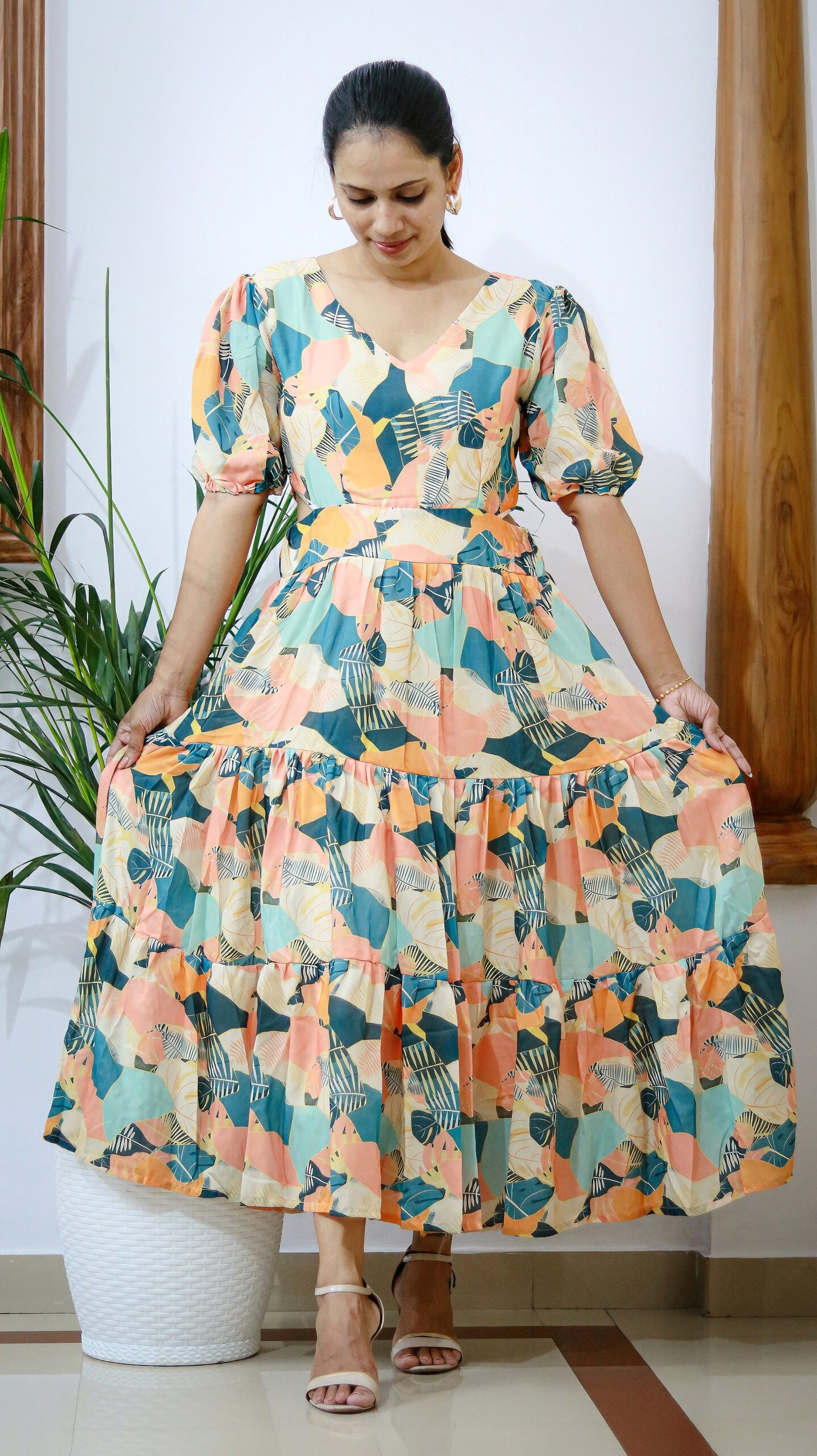 Multicolor Abstract Print Cotton Tiered Dress