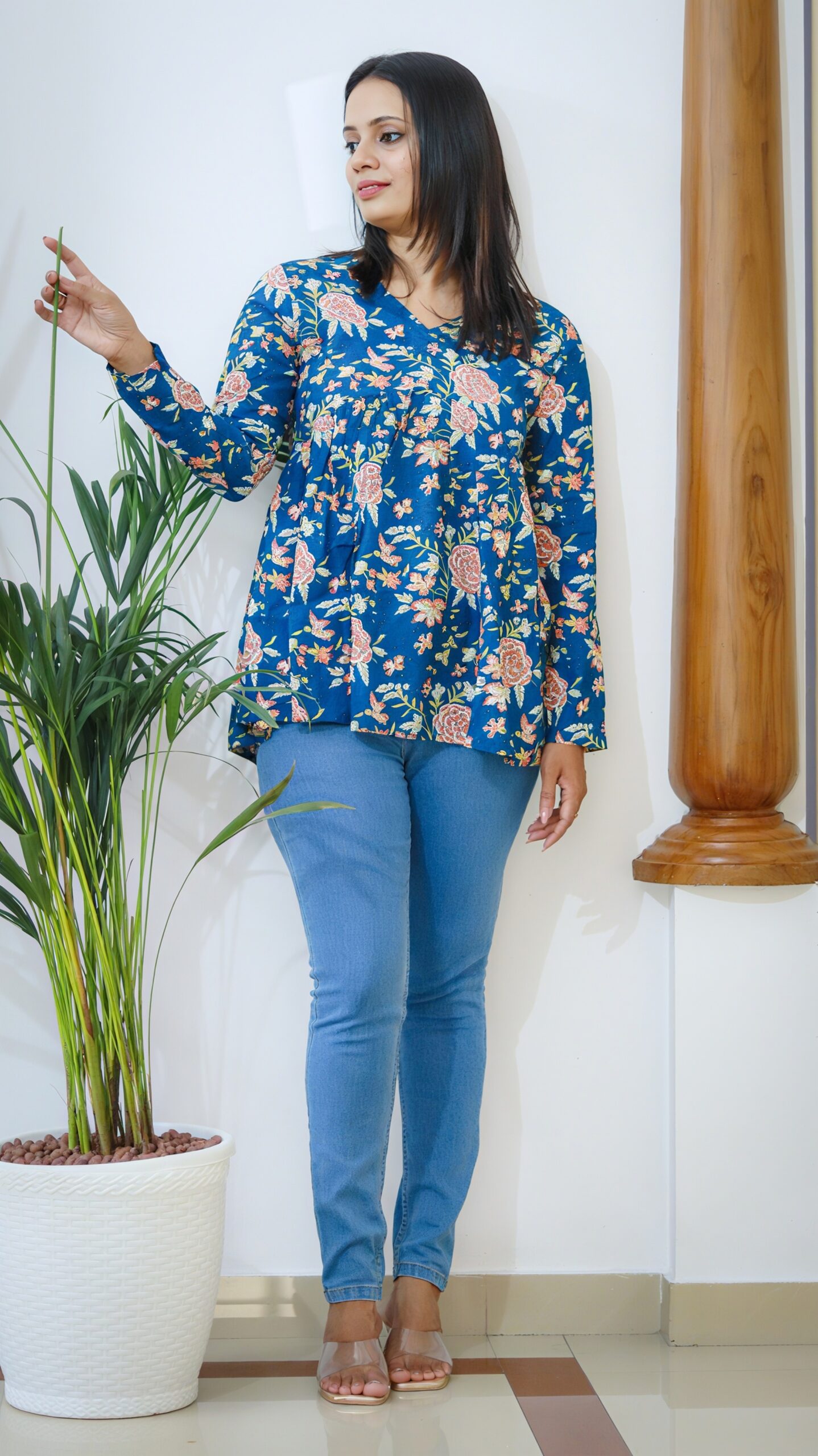 Blue Floral Cotton Peplum Top