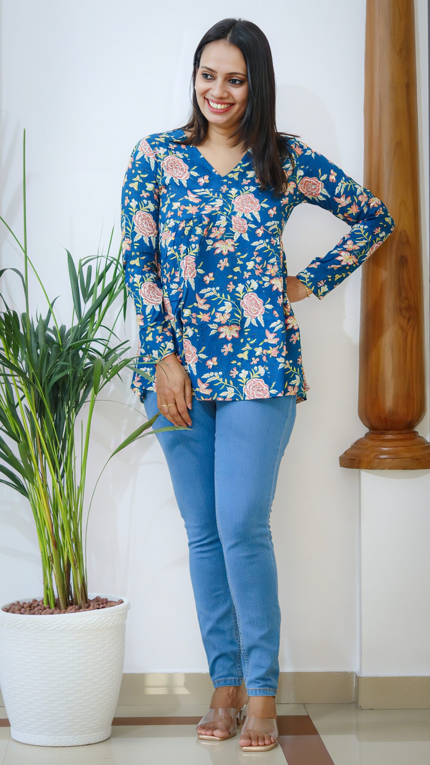 Blue Floral Cotton Peplum Top - Image 2