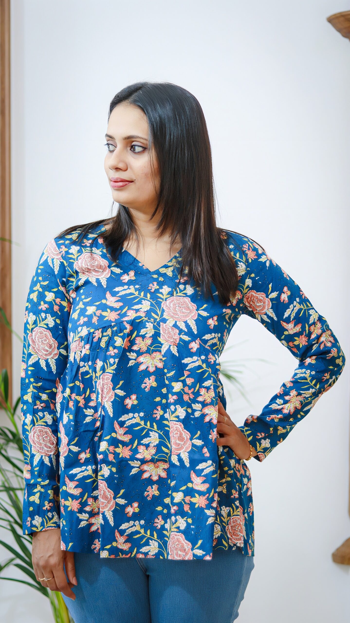 Blue Floral Cotton Peplum Top - Image 3