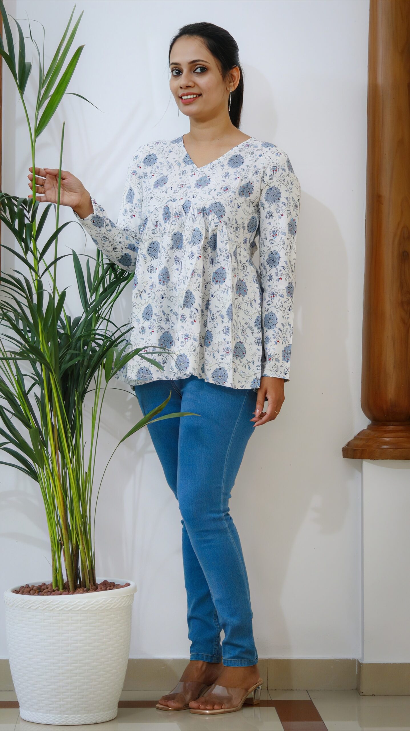 White Floral Cotton Peplum Top - Image 3