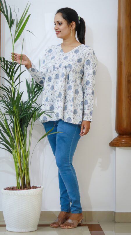 White Floral Cotton Peplum Top