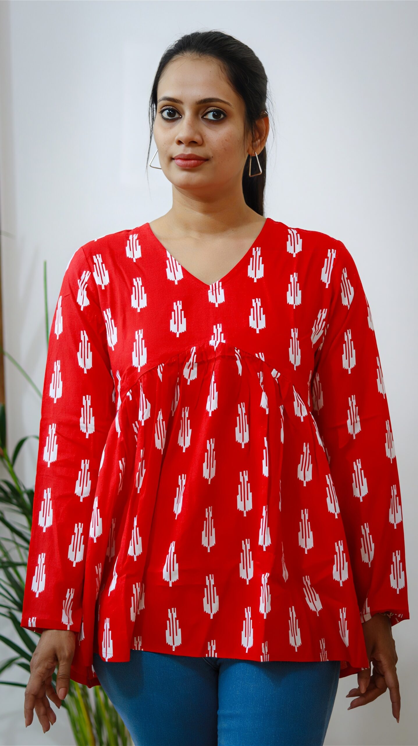Red Ethnic Print Cotton Peplum Top - Image 3