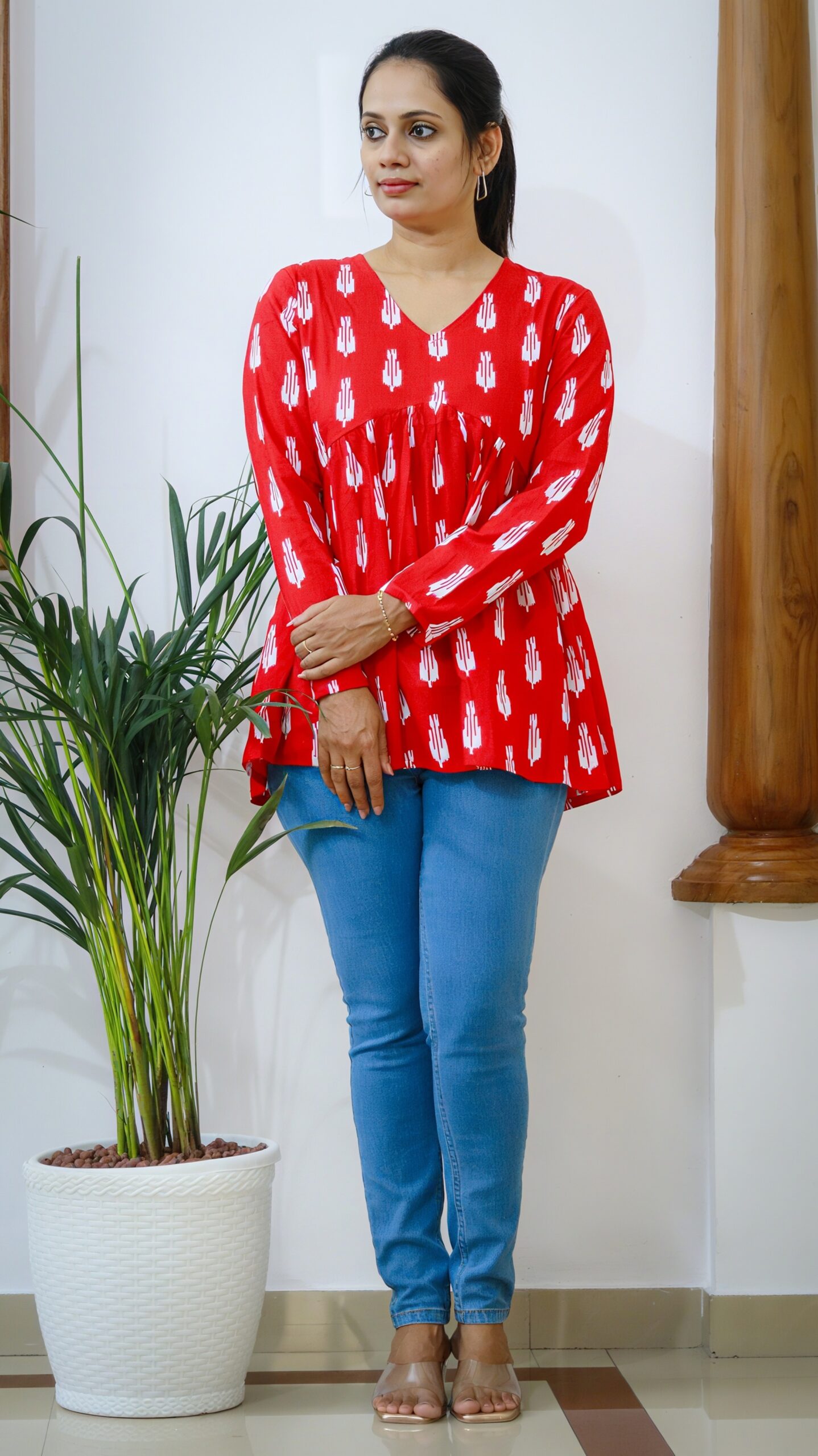 Red Ethnic Print Cotton Peplum Top - Image 2