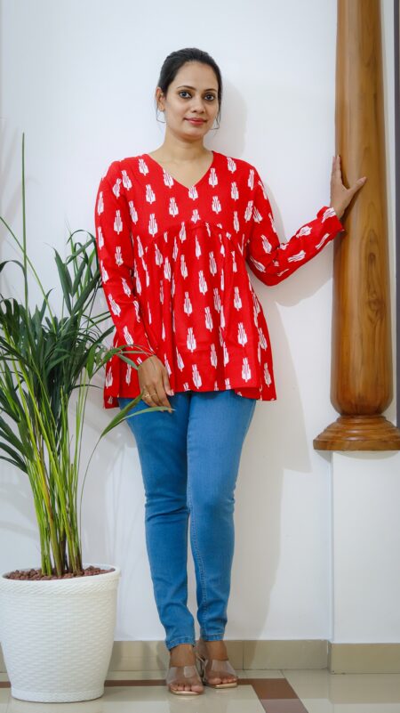 Red Ethnic Print Cotton Peplum Top