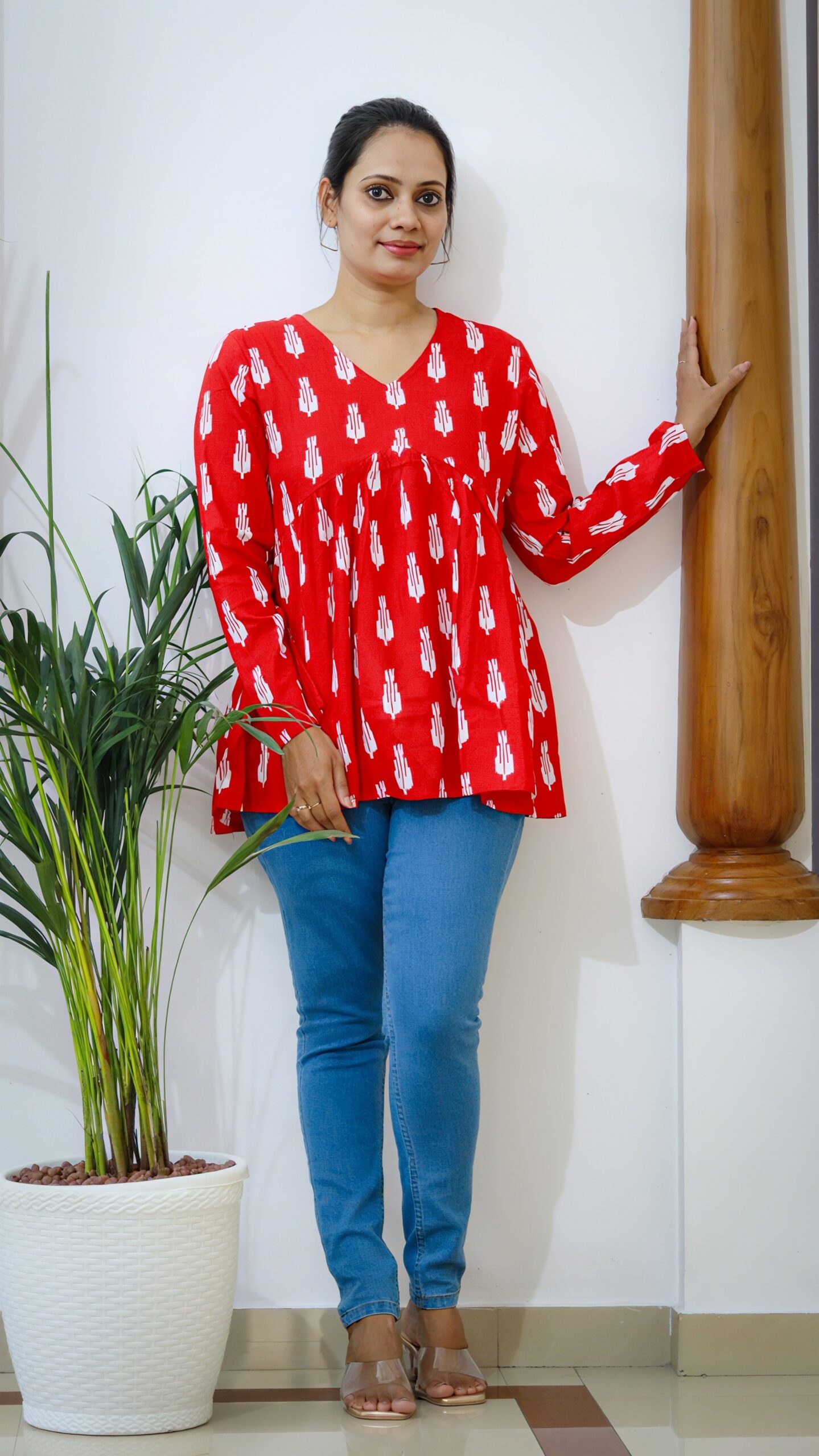 Red Ethnic Print Cotton Peplum Top