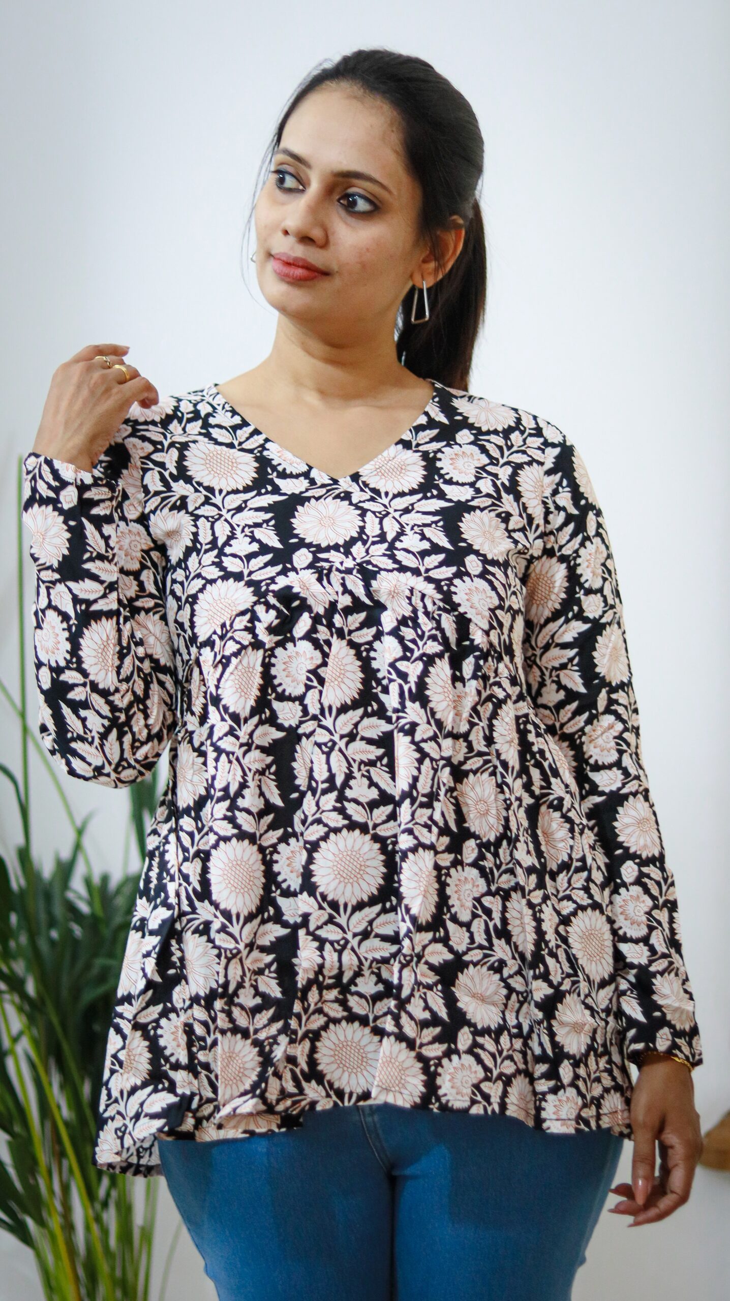 Black Floral Cotton Peplum Top - Image 3