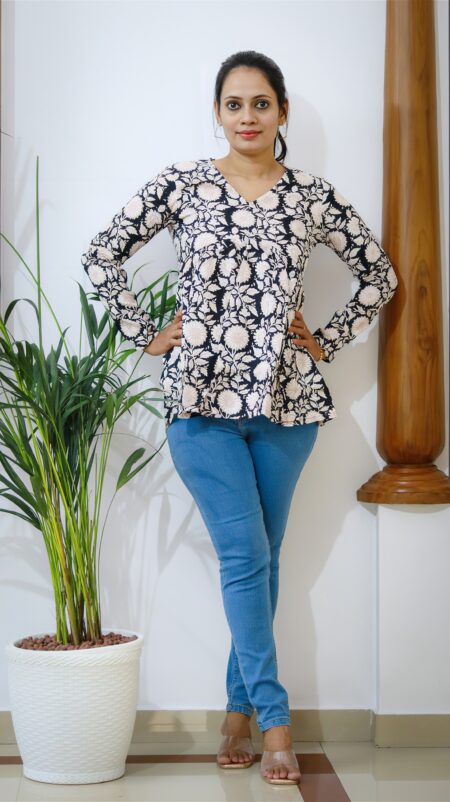 Black Floral Cotton Peplum Top
