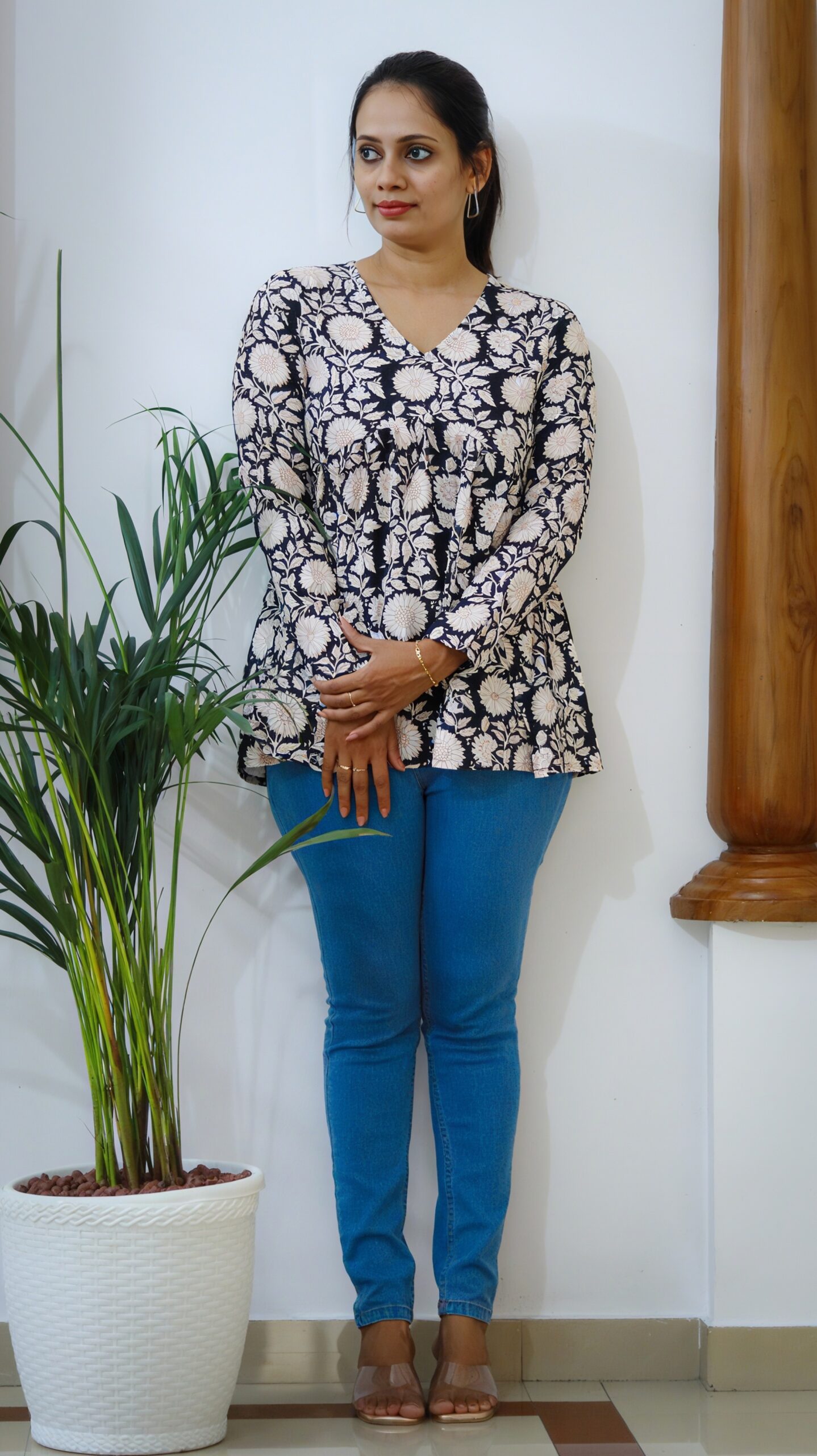 Black Floral Cotton Peplum Top - Image 2