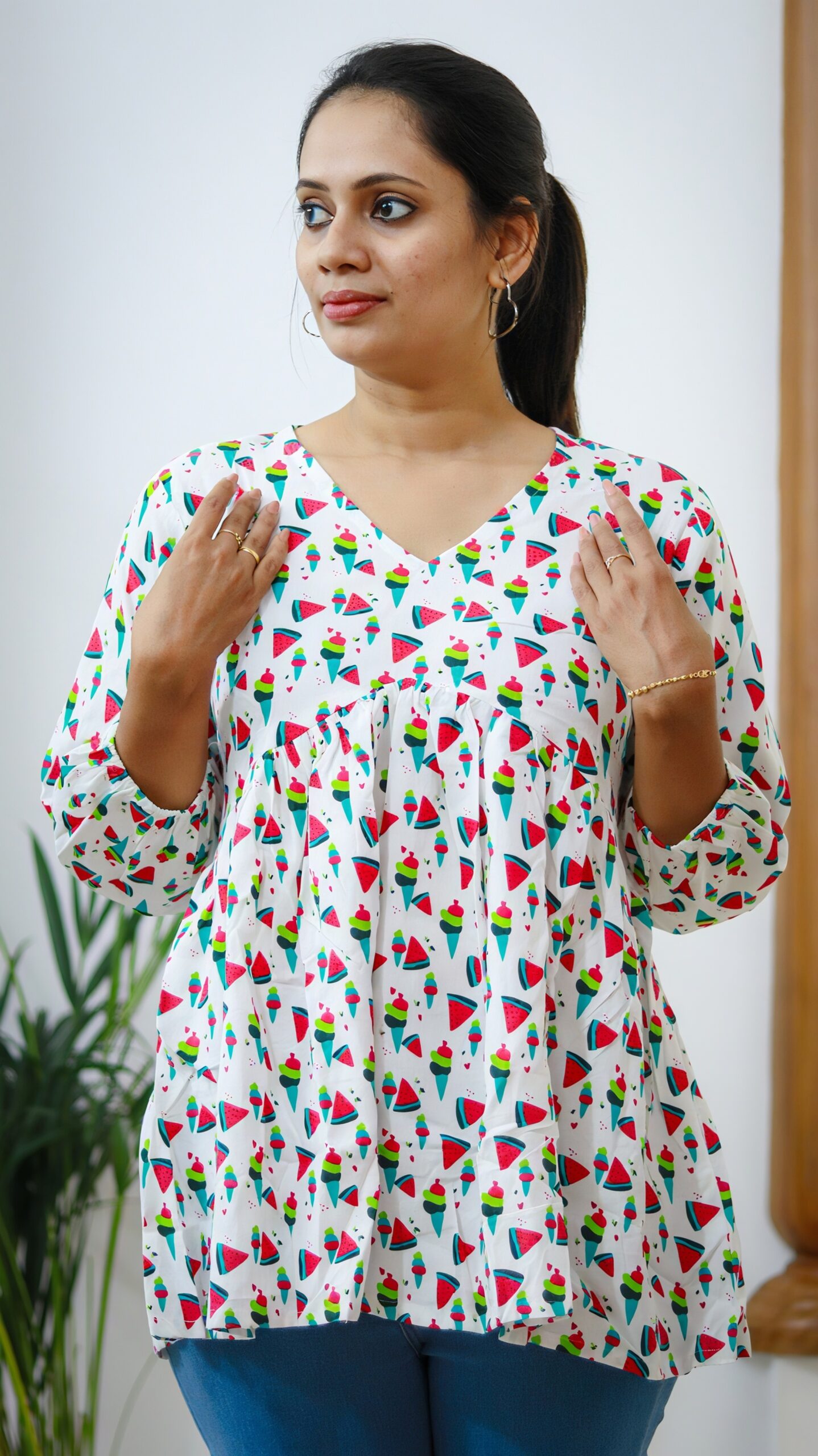 White Geometric Print Cotton Peplum Top - Image 3