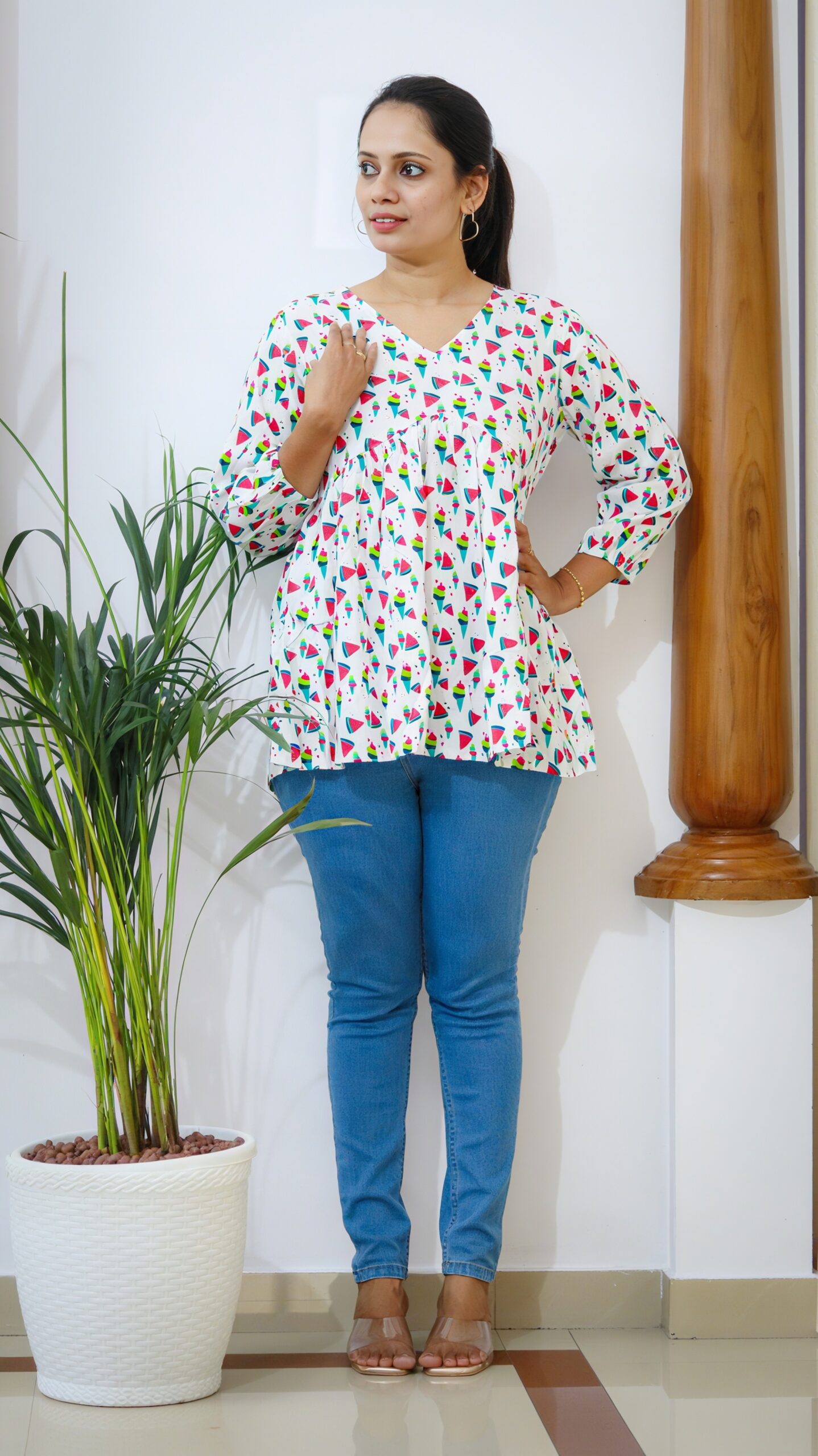 White Geometric Print Cotton Peplum Top - Image 2