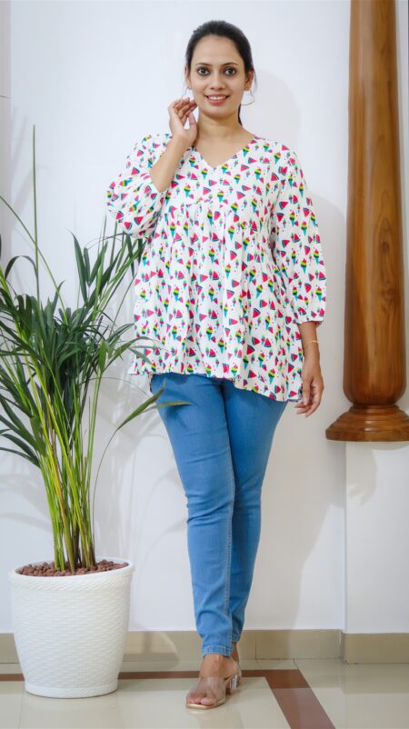 White Geometric Print Cotton Peplum Top