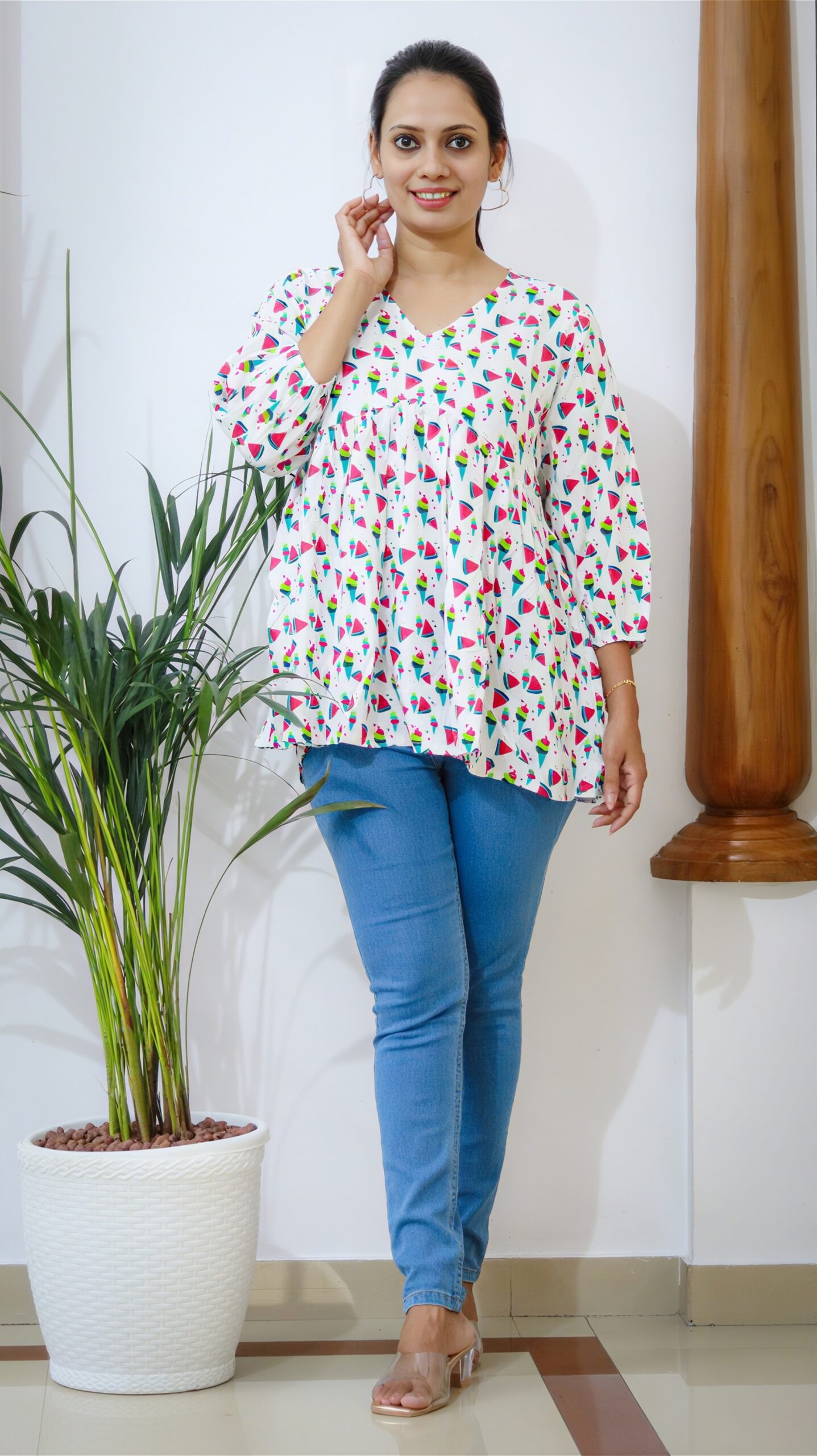 White Geometric Print Cotton Peplum Top