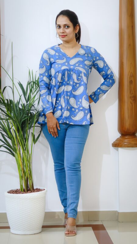 Sky Blue Paisley Print Cotton Peplum Top