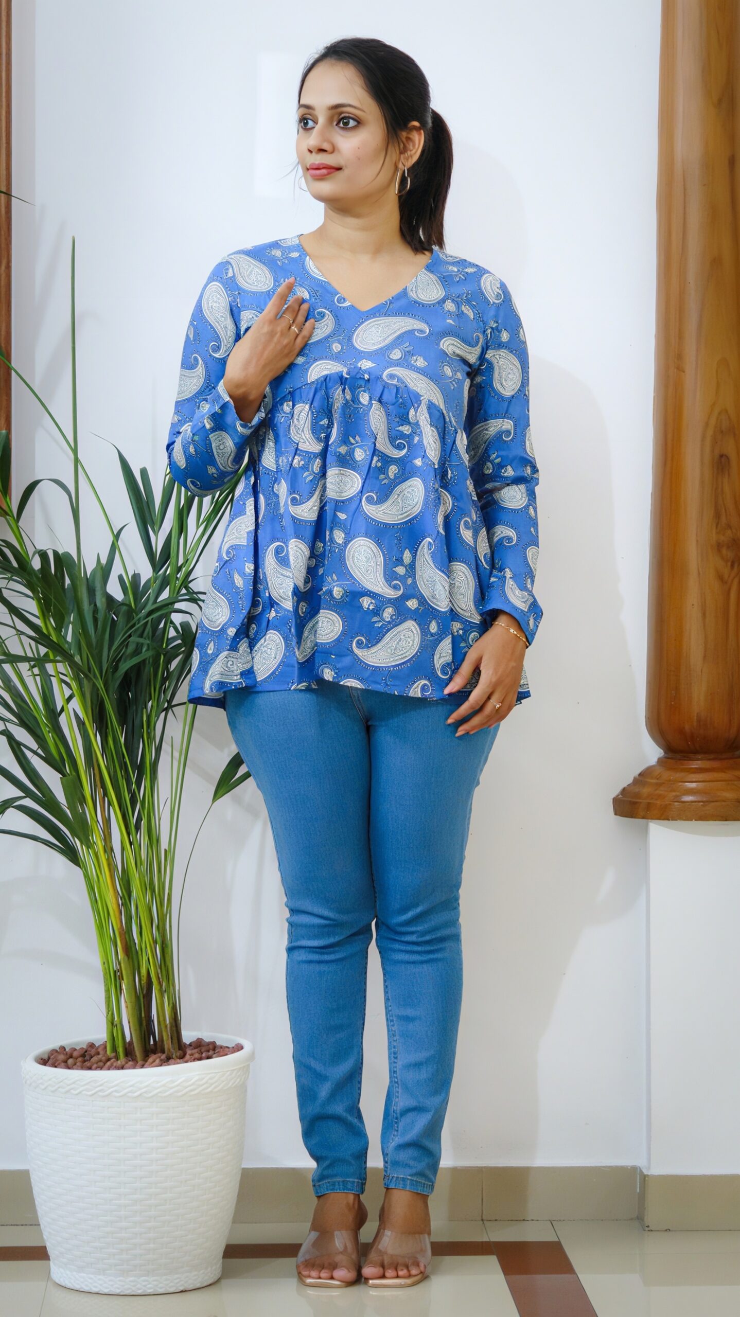Sky Blue Paisley Print Cotton Peplum Top - Image 3