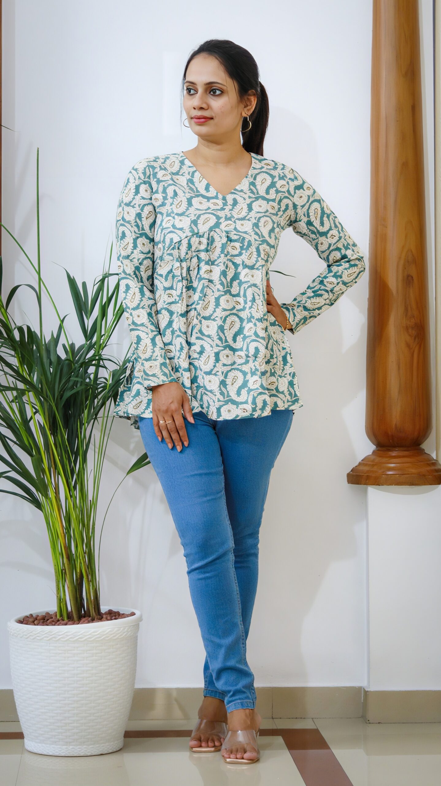 Light Blue Paisley Print Cotton Peplum Top - Image 4