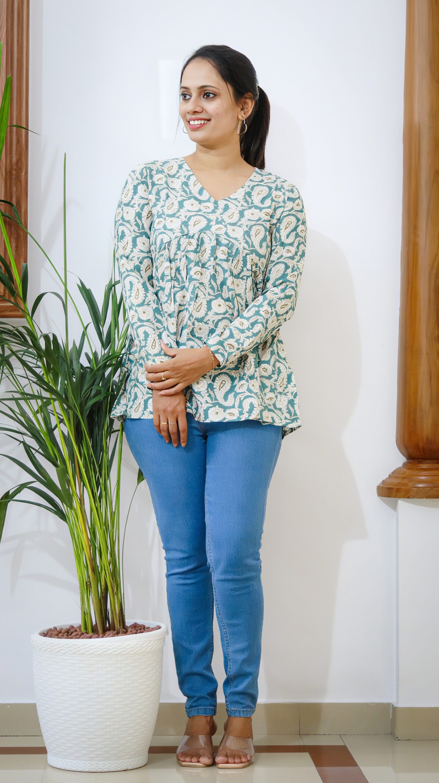 Light Blue Paisley Print Cotton Peplum Top - Image 3