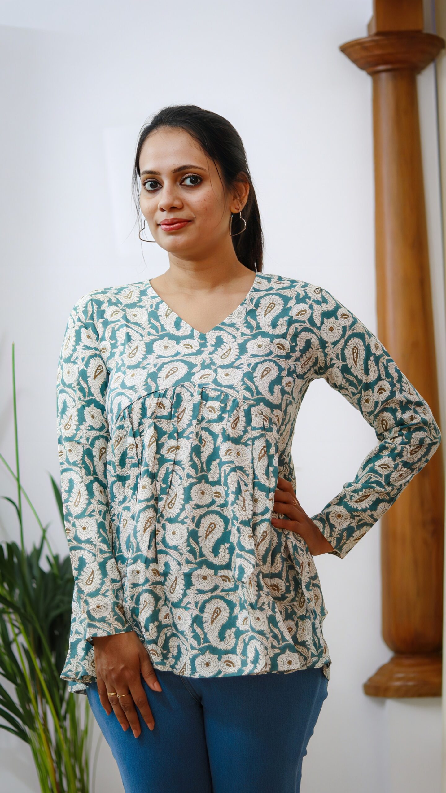 Light Blue Paisley Print Cotton Peplum Top - Image 2