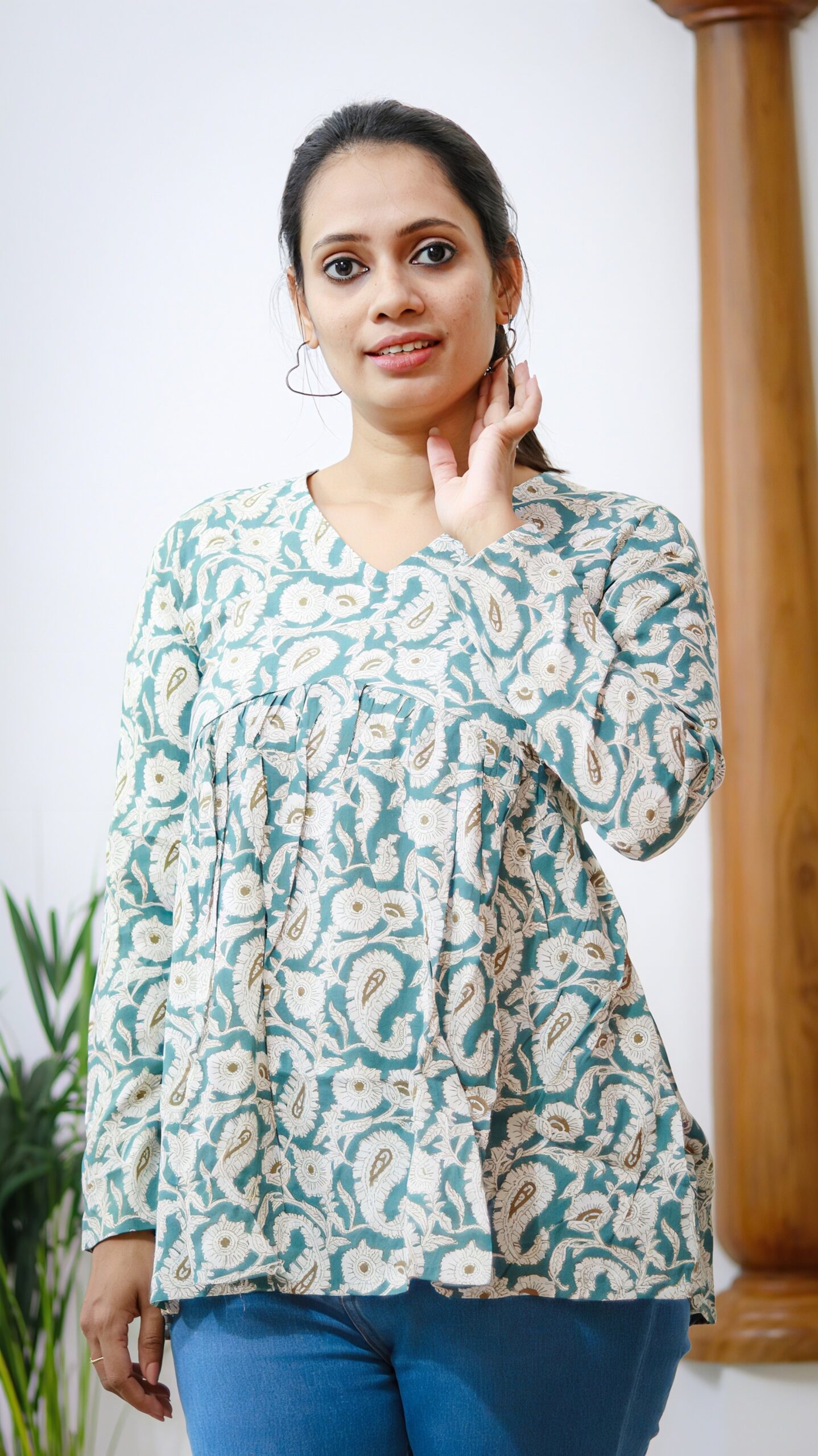 Light Blue Paisley Print Cotton Peplum Top