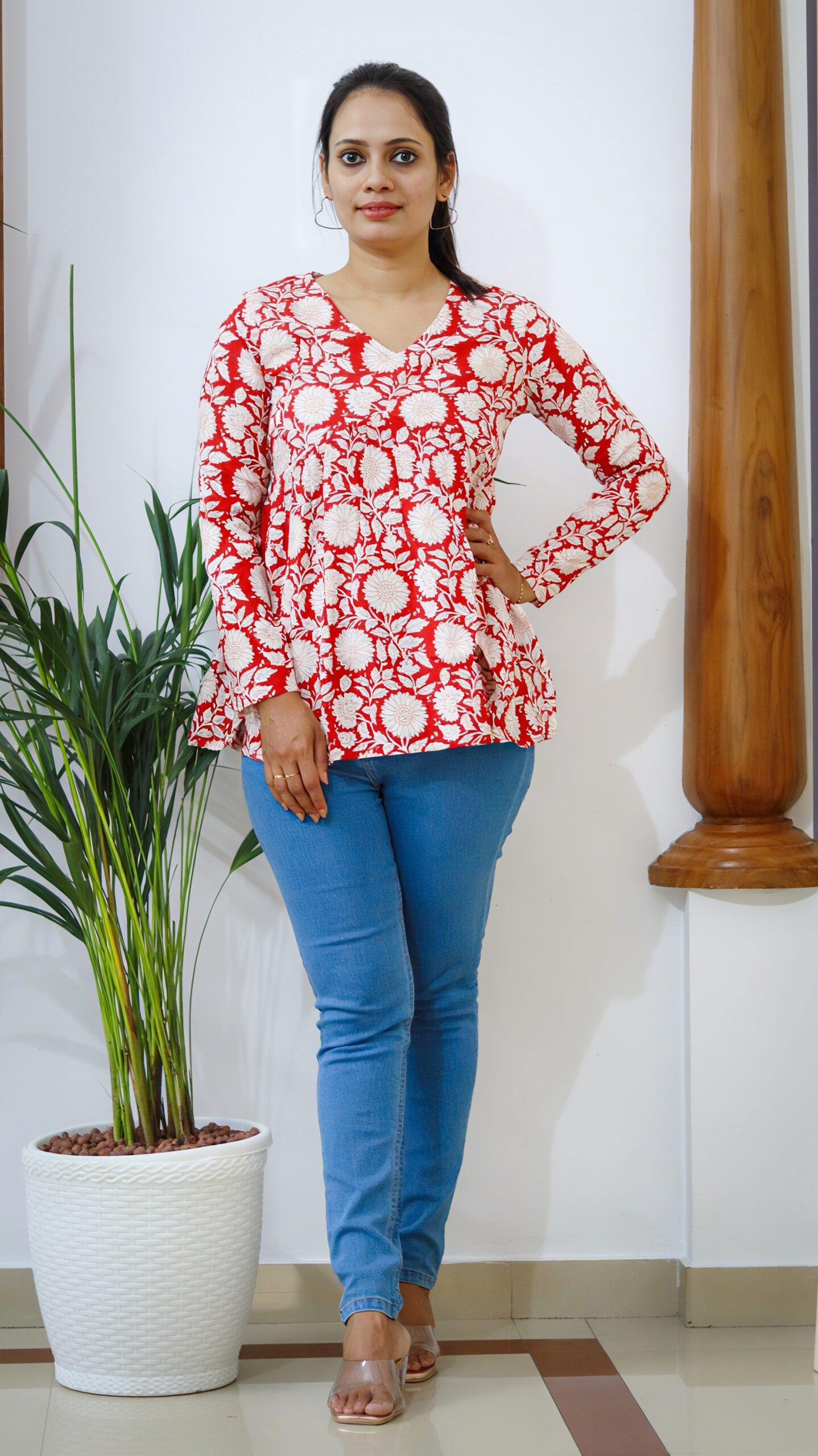Red Floral Print Cotton Peplum Top - Image 3
