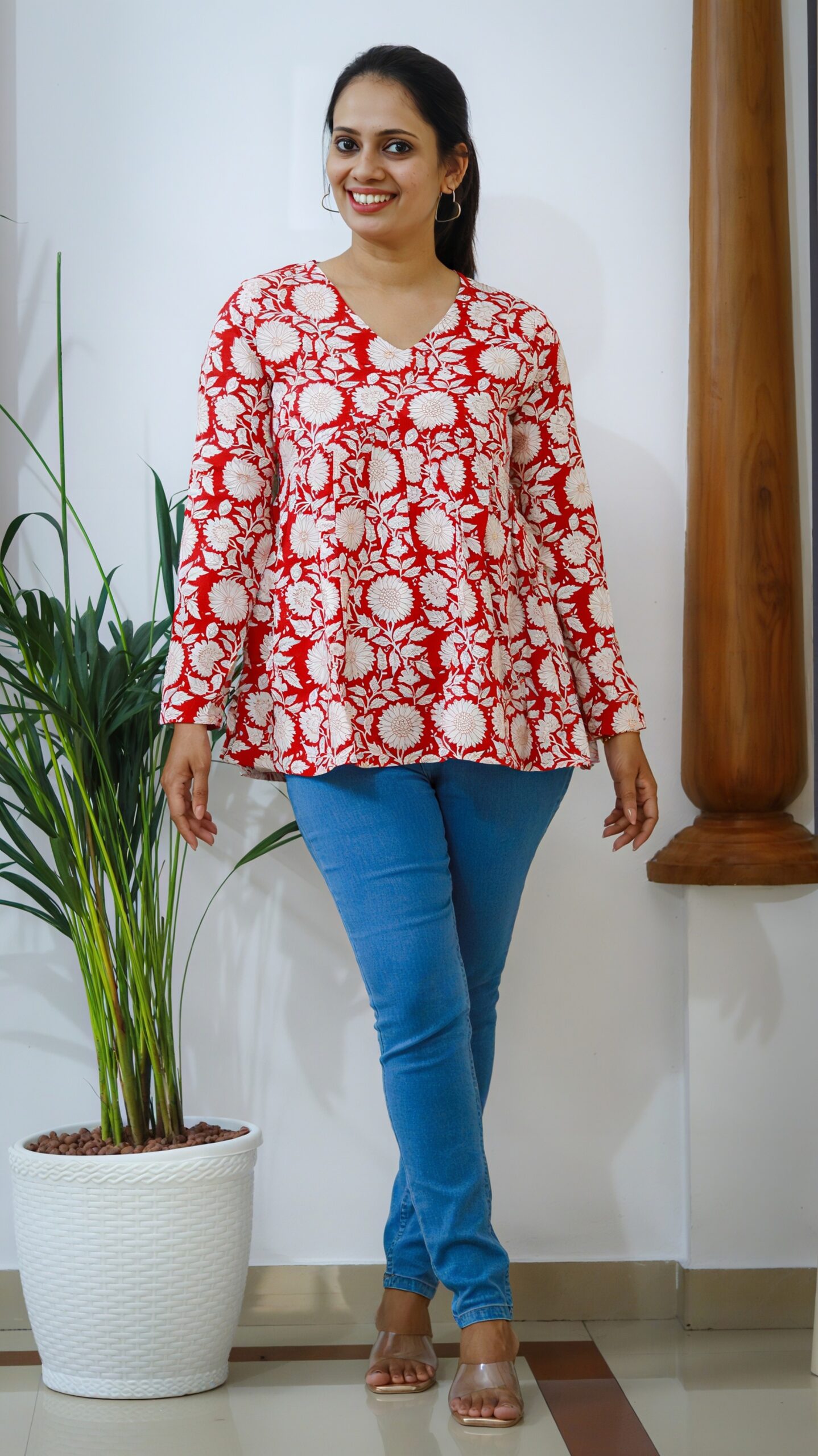 Red Floral Print Cotton Peplum Top - Image 4